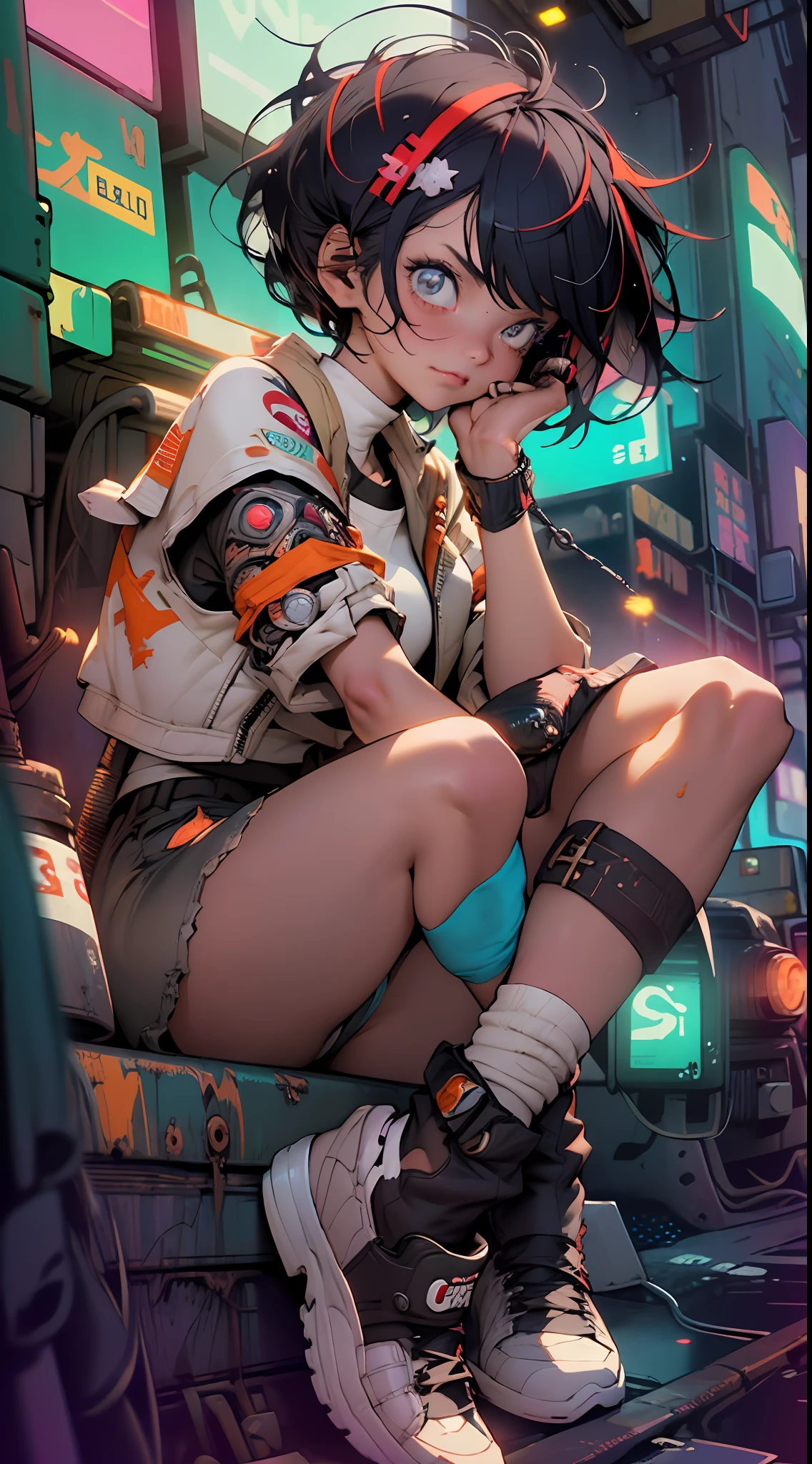 ((NSFW)), masterpiece, Best quality, Ultra high definition, Maximum resolution, Very detailed, Professional lighting, anime, (((single girl))), (slender), very cute, 1girl, , (((hairy pubis ))), ((very short bobcut hair)) jetblack hair, ((cyberpunk vibes)) (((White footwear))) high socks, ((suspenser tigths)), ((straps)), (downed detailed cotton panty) Iigthparticles, cyber city, looking awayr, ((blue dark school sailor costume)) (((red ribbon))), thin body, city samurais in background, orange neon backlighting, whole body, pose, (((nigth city))) ((((at the top of a tubular and wires structure)))) ((((jacket)))) (((deep blue and orange palette))) ((((Depth of field)))) (((cyberpunk city))) (dynamic shot) (((iluminated by neon haze ambient))) (((sordid ambien))) (((sexual inuendo)))   Night, colorful cyberpunk city background, perfect composition, perfect light and shadow delicate, 8k