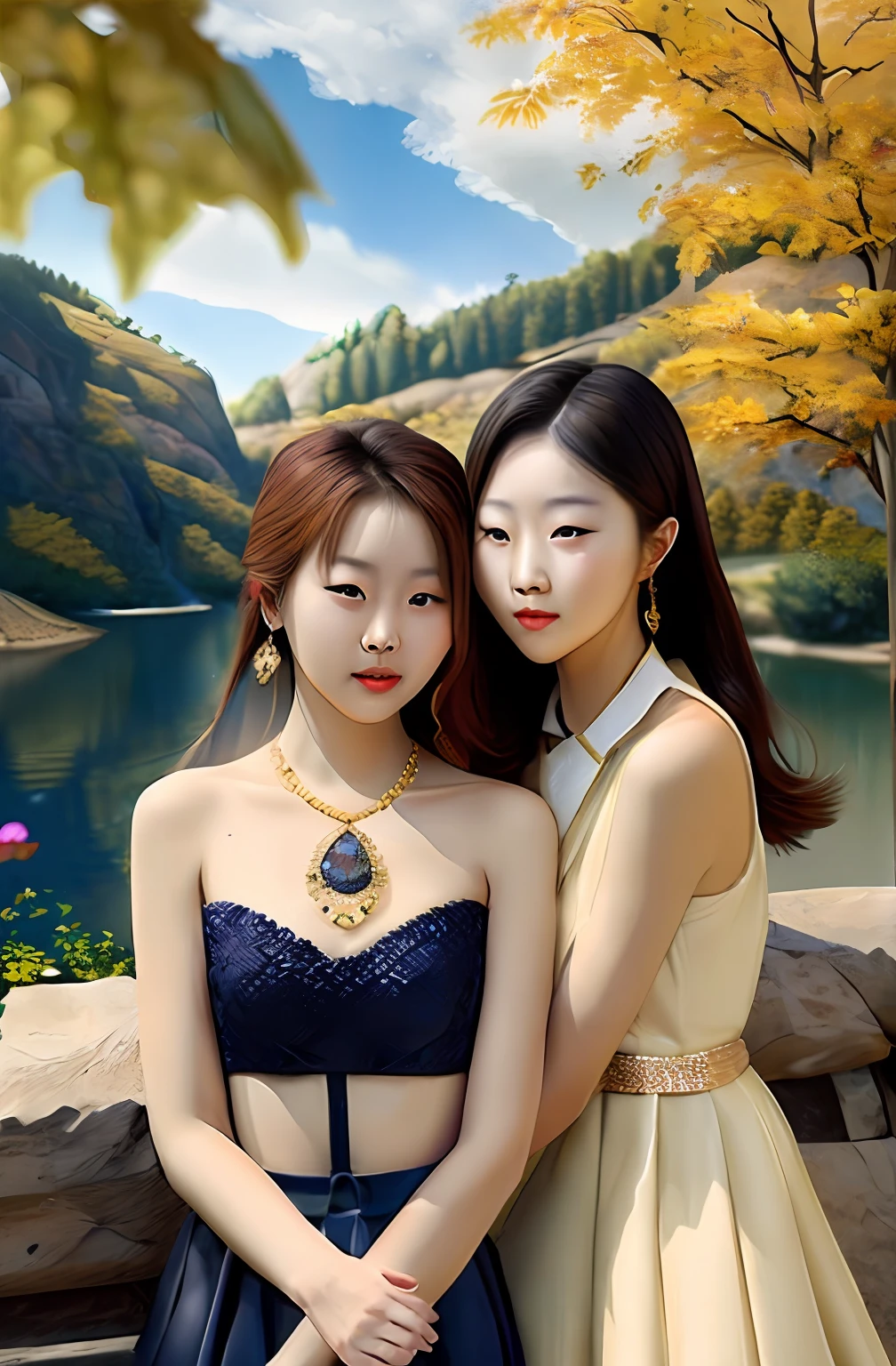((Realistic:1.5)),Ulzzang-6500:1.4,((Best quality)), ((Masterpiece)),((Detailed)),2girls,duo,{2 beautiful women}, (Upper body:1.3),Hug and touch each other, Tease your friend's waist, Breathless friends, Biting a friend's earlobe, crouched,super wide shot,Face focus, Long legs,Curvy, Barefoot,Wide hips, Thin legs, Oversized eyes,Long eyelashes, (Detailed face,beautidful eyes, detailedpupils,detailed clothes features, Clear background:1.3), (armlets, bangle:1.3), Mysterious ancient ruins, floresta exuberante, Deep canyon,bridge,River,cliff,Cloud,lakes,Rock music,Waterfalls, Flowers, Grass,grape trees,tree,bright detail,Sharp,Perfect compounding, Intricate, Sharp focus, Dramatic,