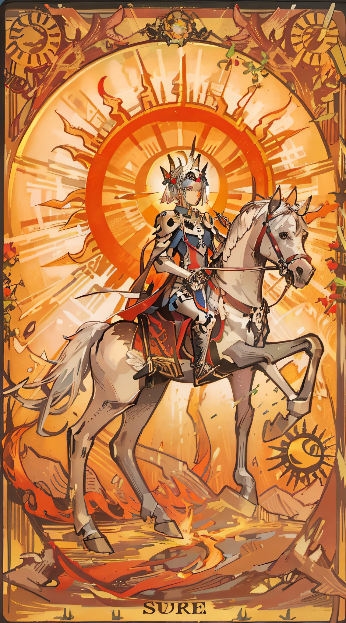 A tarot card depicting the Sun Tarot, featuring a skeletal man riding a flaming horse with the round sun in the background. half body shot