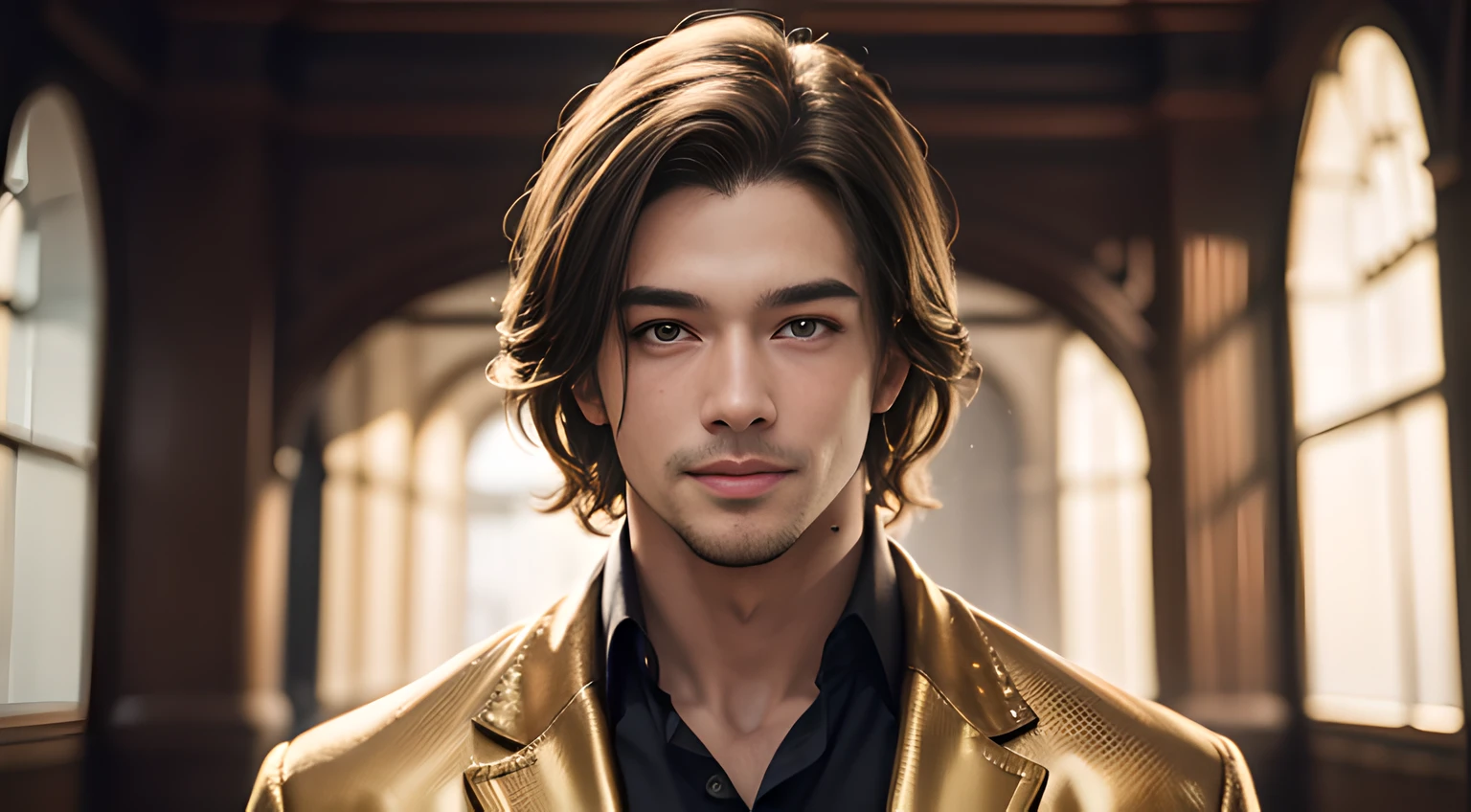 ((Men only)), (cowboy shot), ( Handsome muscular man in gold clothes), gold in the background, gold hair, Mischievous smile, (detaile: 1 in 1), Natural muscles, HIG quality, beautidful eyes, (Detailed face and eyes), (Face、: 1 / 2), Noise, Real Photographics、... .....................................................................................................PSD, Sharp Focus, High resolution 8K, realisitic & Professional Photography, 8K UHD, Soft lighting, High quality, Film grain, FujifilmXT3
