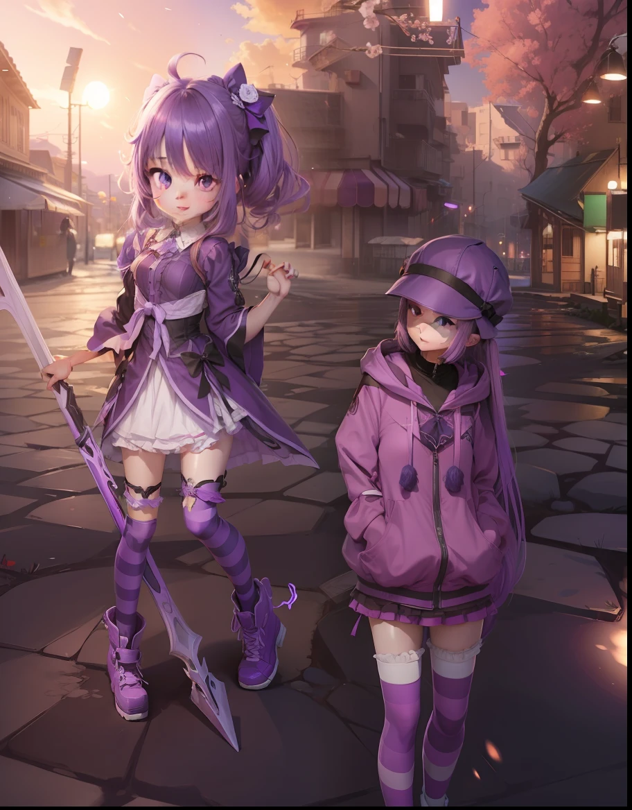 2 anime girls, cute, purple and violet colors