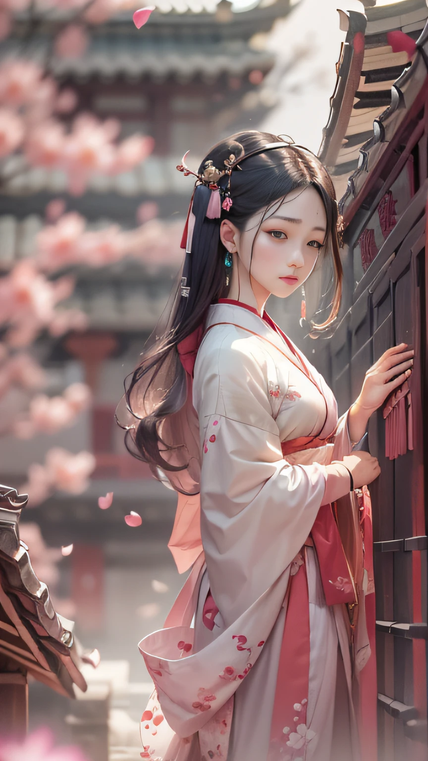 An oriental classical woman with exquisite facial features，Peach blossoms outside the flat-roofed wall，The face was full of sadness，The ancient city of Hangzhou looms in the background。A drizzle，with petals falling，Drawn by Zao Wou-Ki - Niji5，Depth of field 1.5，Cinematic texture，Top side light