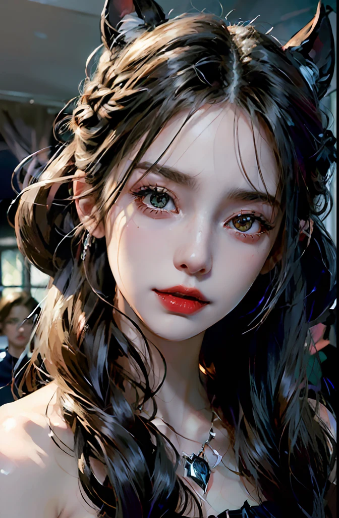 (Front focus), Female Hyperrealist Portrait, Fantasy art, Photorealistic photography, Dynamic lighting, voluminetric lighting, Highly detailed face, 8K, Award-winning, 1girll, Pale, White skin, Glowing skin, Detailed skin, Vampire Dress, (Red eyes), Red lips, Hair, Dark, Deep shadows, low tune, Close up, ahoge, Bat ears, eyes reflection, Glowing eyes , Wicked smile, jewelry, Impressionism, Masterpiece, {{{Masterpiece, Best quality, illustration,gaming console_CG}}}, hair bunched up on head, Sexy