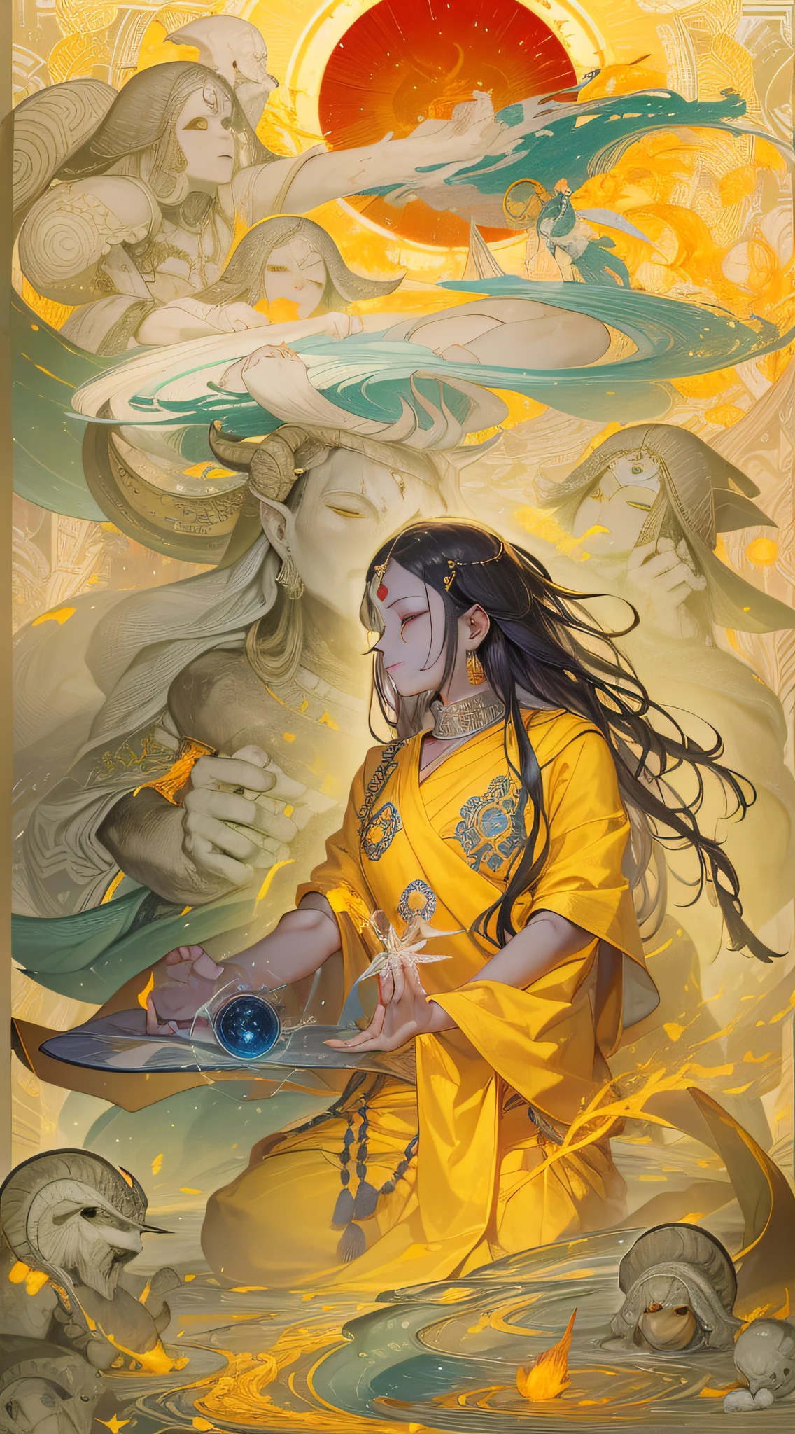 (person meditating cloaked in a yellow aura:1.5), incorporate symbolic elements representing the solar plexus chakra, manipura, downward-pointing red triangle, signifying the tattva of fire, within a bright yellow circle, with 10 dark-blue or black petals like heavily laden rain clouds,The seed mantra is the syllable 'रं' (ram). Within the bindu, or dot, above this mantra resides the deity रुद्र Rudra. He is red or white, with three eyes, of ancient aspect with a silver beard, and is smeared with white ashes.., using vibrant, ethereal yellow shades and colors