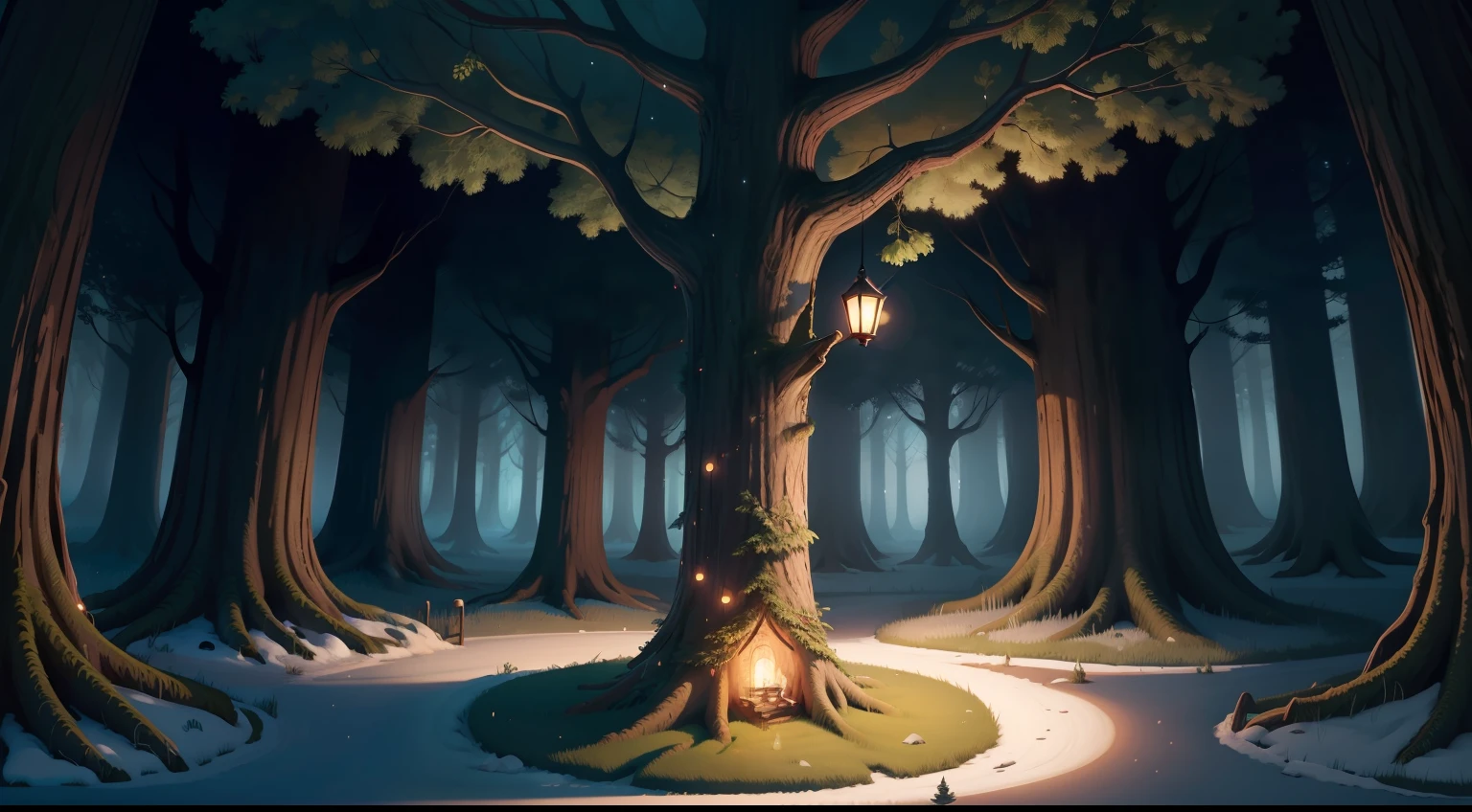 Enchanted forest illustration with centered tree granting wishes surrounded by other magical trees
