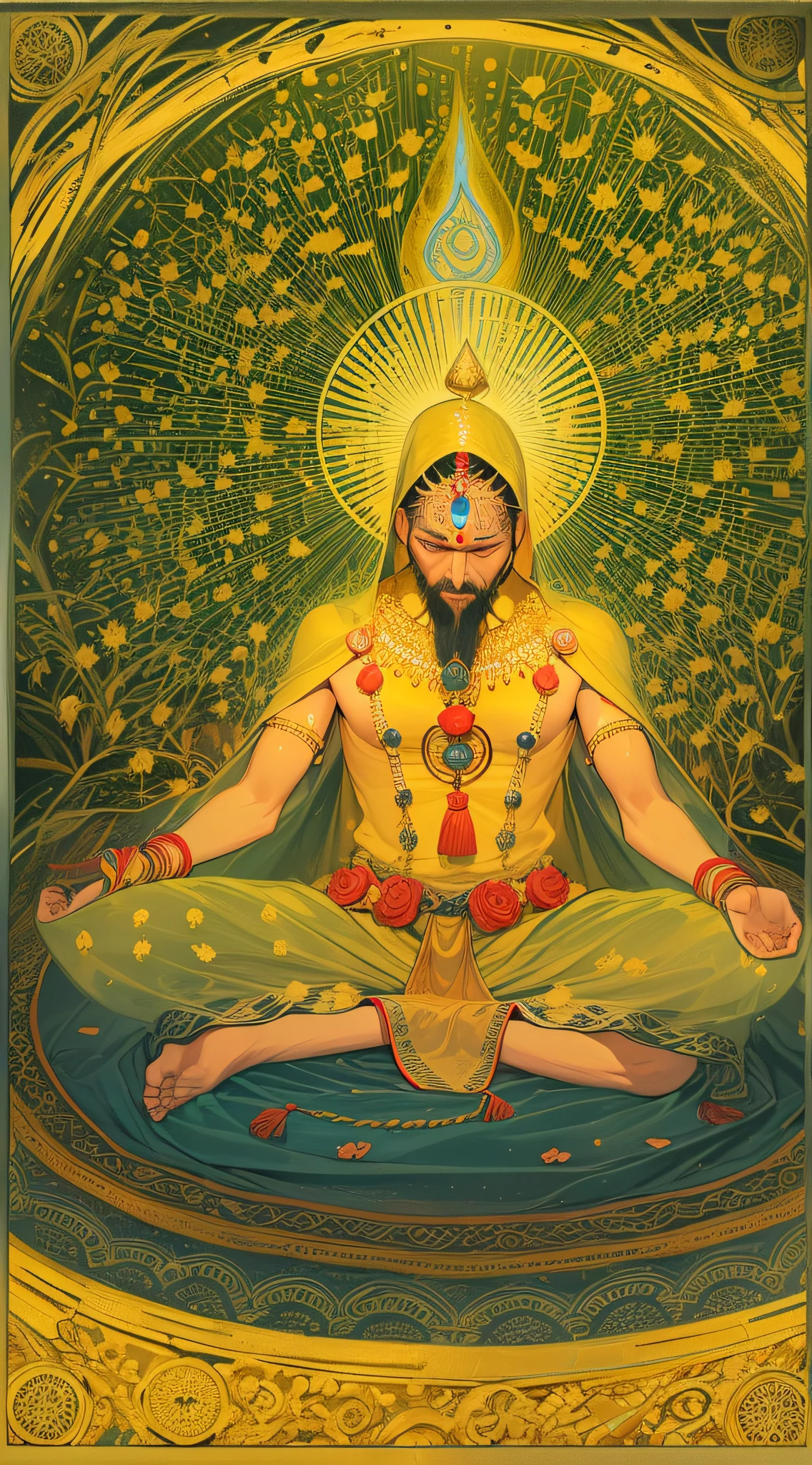 (person meditating cloaked in a yellow aura:1.5), incorporate symbolic elements representing the solar plexus chakra, manipura, downward-pointing red triangle, signifying the tattva of fire, within a bright yellow circle, with 10 dark-blue or black petals like heavily laden rain clouds,The seed mantra is the syllable 'रं' (ram). Within the bindu, or dot, above this mantra resides the deity रुद्र Rudra. He is red or white, with three eyes, of ancient aspect with a silver beard, and is smeared with white ashes.., using vibrant, ethereal yellow shades and colors