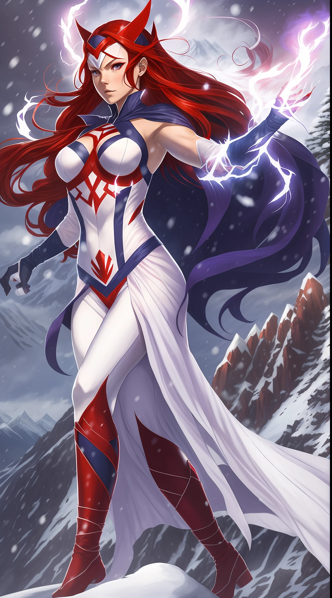 Scarlet Witch and Hinata Hyūga Fusion, Sexy Body, Long Navy Blue Hair with Flying Red Hair, Full Body, White Costume with Red Ninja Dress, Flying, White Eyes, Powers flaming powers purple skulls in hands, mountain background, Snow flying in the background