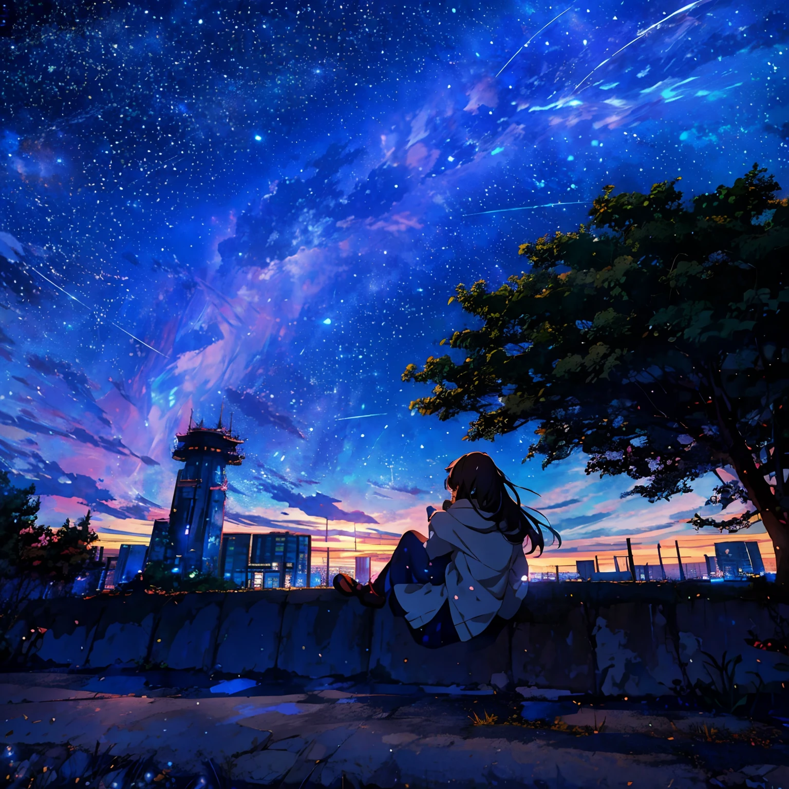 Anime girl sitting on a wall looking at the night sky, bela cena de anime, cosmic skies. por makoto shinkai, arte de fundo do anime, girl looks at the space, anime bela cena de paz, Papel de parede anime 4k, estrela(heaven) estrelado_heaven, paper awesome wallpaper, night under the starry sky, anime sky, anime scenery, beautiful anime scenery