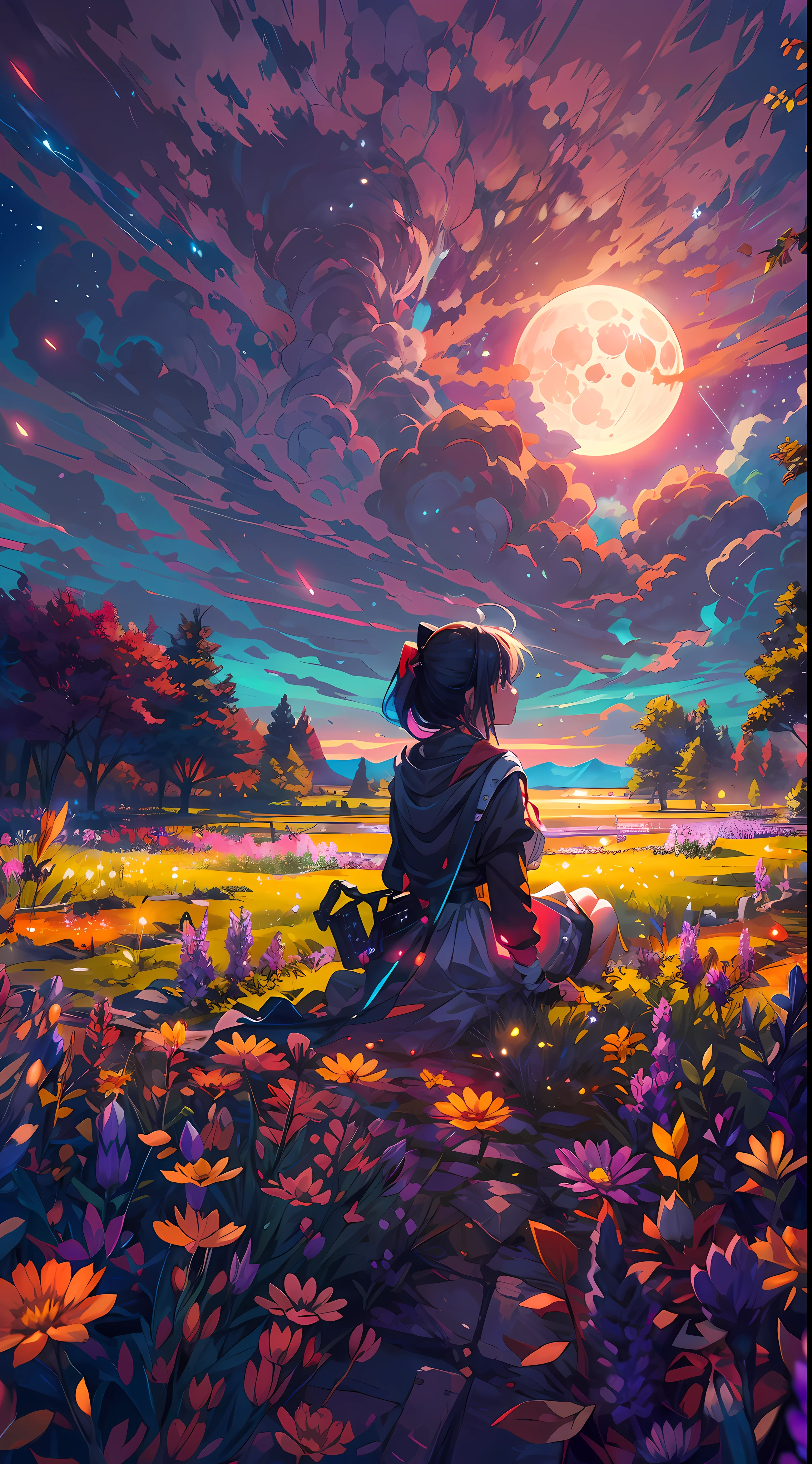A wide landscape photo, (viewed from below, the sky is above, and the open field is below), an anime girl sitting on colorful flowers field looking up, (full moon: 1.2), (meteor: 0.9), (nebula: 1.3), distant mountains , shooting stars, Trees BREAK Crafting Art, (Warm Light: 1.2), (Firefly: 1.2), Lights, Lots of Purple and Orange, Intricate Details, colorful palette,Volumetric Lighting BREAK (Masterpiece: 1.2), (Best Quality), 4k, Ultra Detailed, (Dynamic Composition: 1.4), Rich in Detail and Color, (Rainbow Color: 1.2), (Glow, Atmospheric Lighting), Dreamy, Magical, (Solo: 1.2)