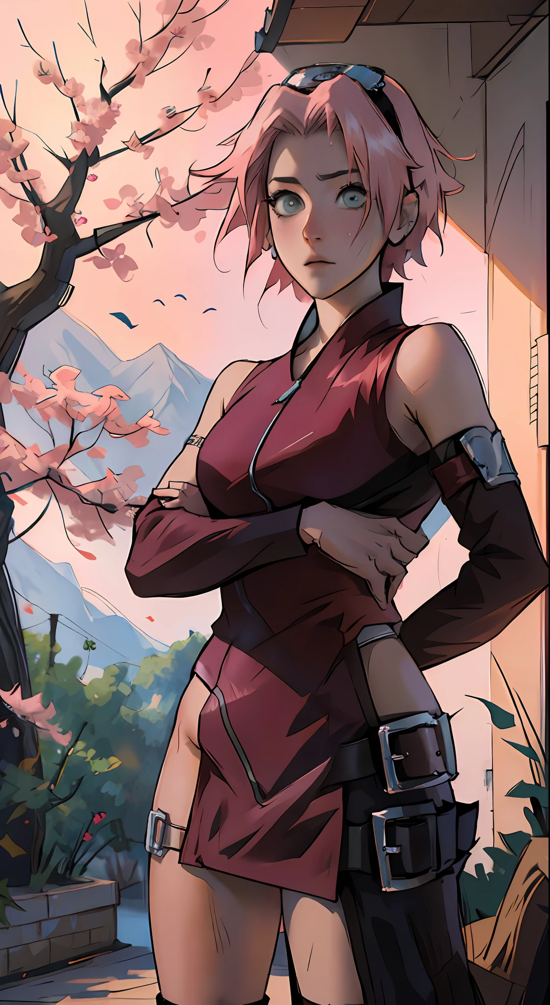 Sakura haruno, anime de naruto, en micro bikini, toma trasera, sentada en asiento sin respaldar, gran culo, redondo, aceitado, humid,  piernas gruesas, cabello largo,  suelto, rosado, cinematography lighting,  la mejor calidad,  8k hdr, de noche, lluvia --auto