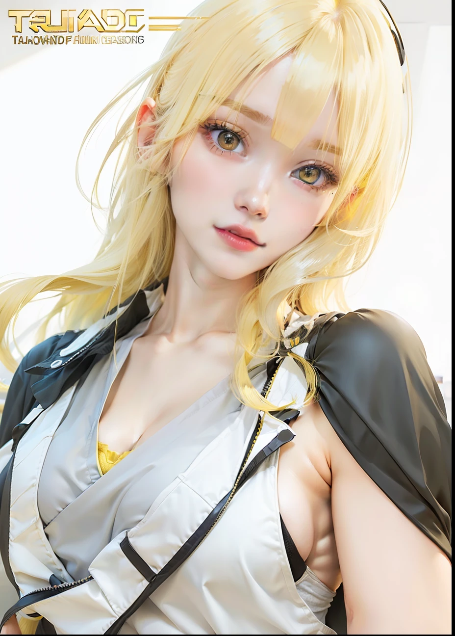 1girl, taunade, yellow hair, long hair, yellow eyes, gray clothes, big breasts, home background, realistic, ultra detail