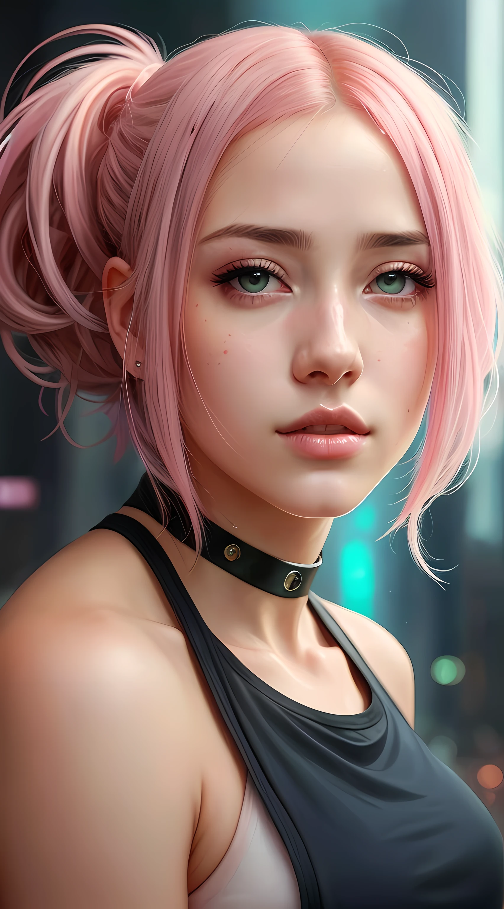 uma pintura de uma mulher com cabelo rosa e olhos azuis, cyberpunk, Arte bonita UHD 4K, lindo arte digital, estilo de arte impressionante, beautiful artwork, Arte digital altamente detalhada em 4k,