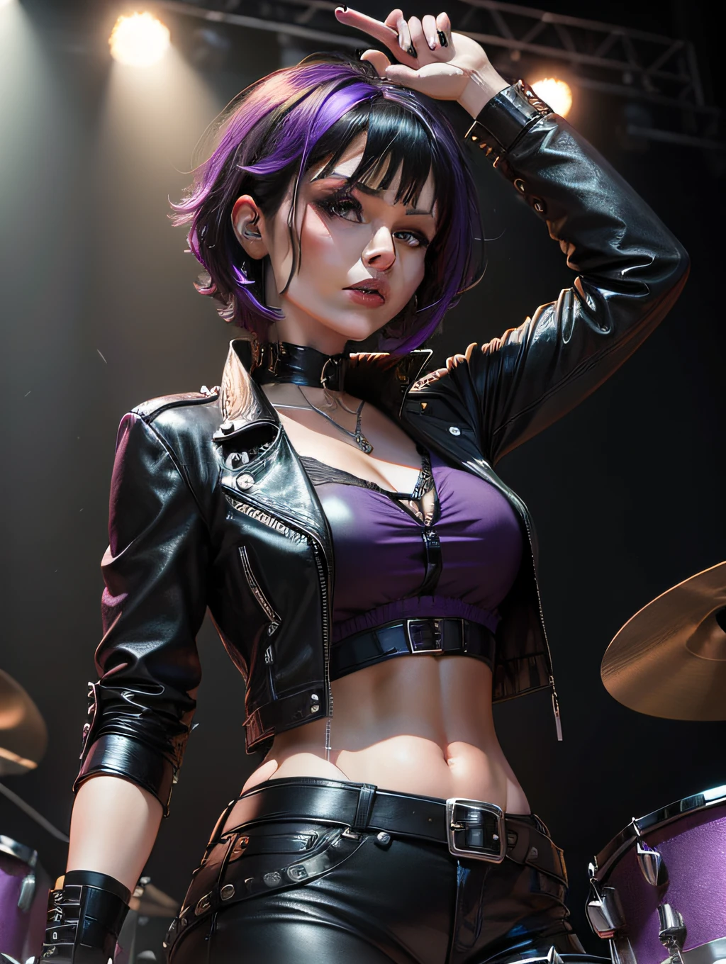 woman dressed as a rocker, with black leather blouse, Black leather pants, with short black hair with purple highlights, playing drums on the stage of a rock concert