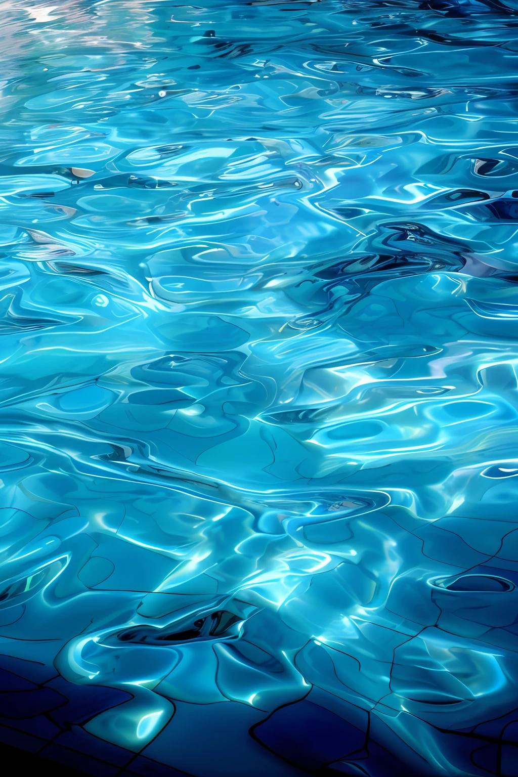 There is a swimming pool，Inside there are blue water and yellow frisbees, water texture, water background, shimmering iridescent water, detailedwater, light blue water, shiny gloss water reflections, azure water, azure waves of water, Transparent water, crystal clear blue water, wavy water, Blue water, Bright blue glowing water, tansparent water, Pool caustic