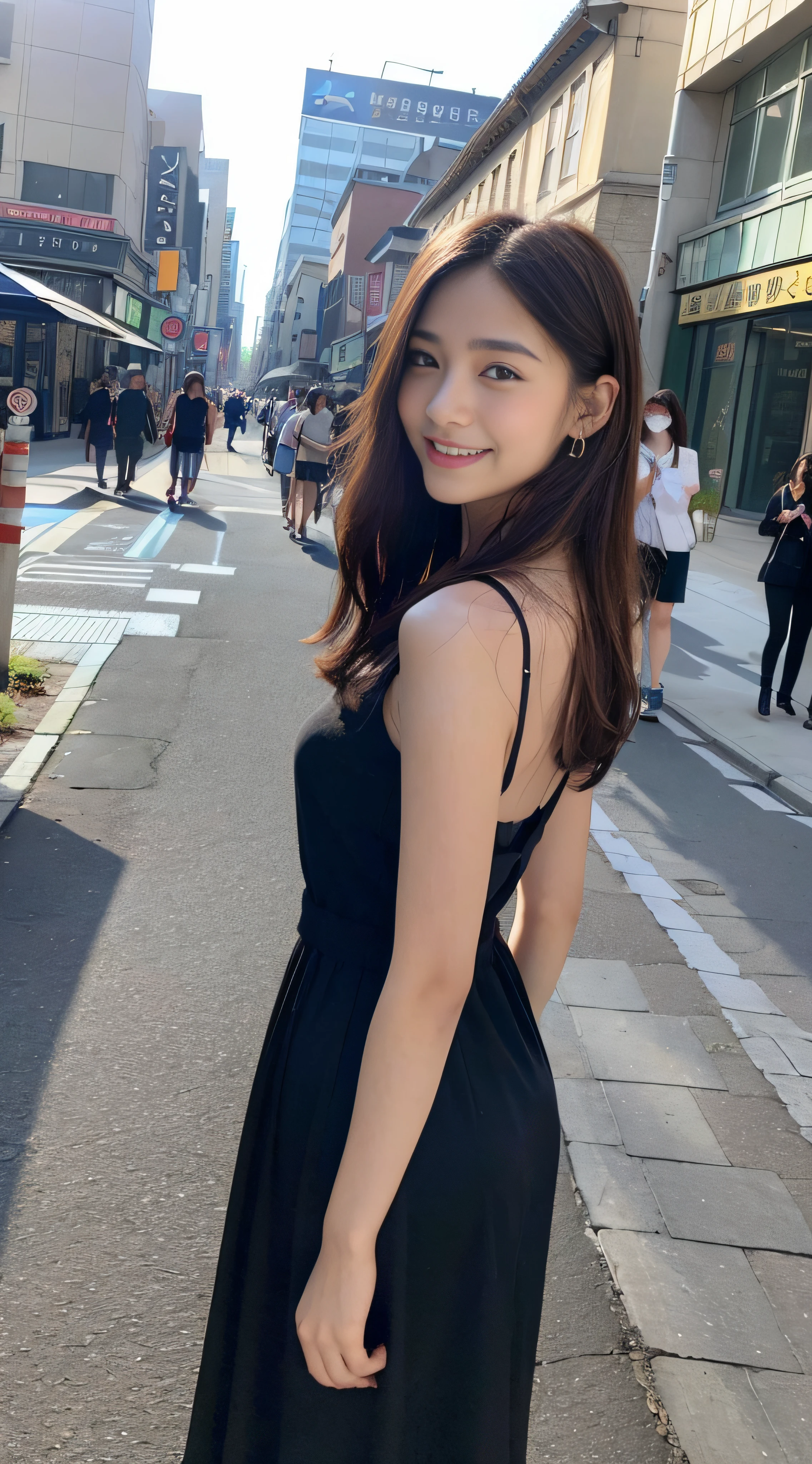 ((top-quality、8k、masterpiece:1.3))、1girl in、a smile、full bodyesbian、Slim Faces、Pretty women、(dark brown hair)、Full-length dresses:1.1、hyperdetailed face、A detailed eye、二重まぶた、blured background、Slim Faces、城市、takeout、a street、Hands behind your back