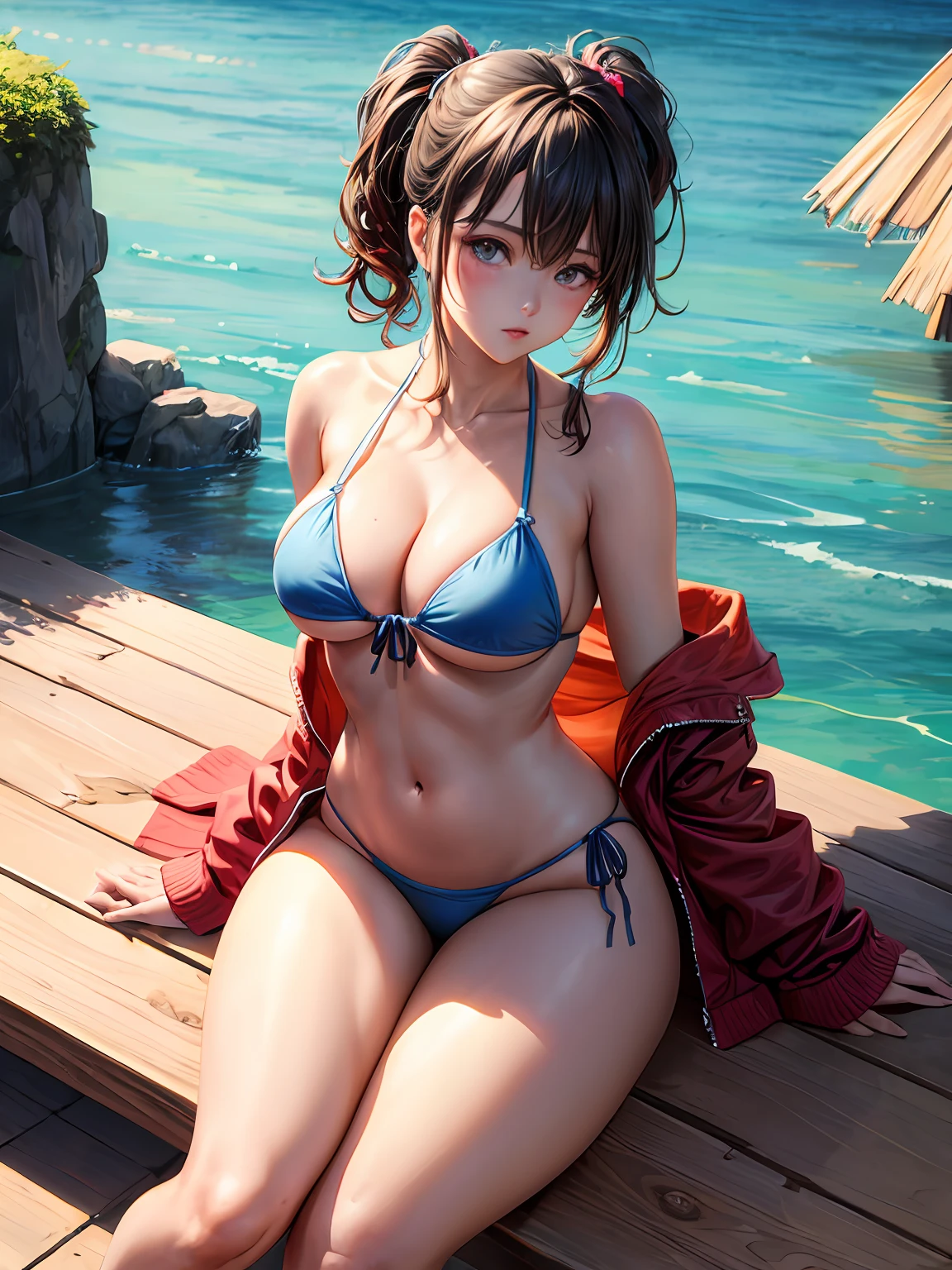 (thighs thighs thighs thighs:1.5)、beautiful curves、Enhanced by the best shadows and realistic lighting、Create breathtaking masterpieces with amazing ray-traced effects。huge tit、Exposed cleavage、face perfect、luslous skin、And beautiful eyes。waterside、lake、embarrassed from、Small Bikini、