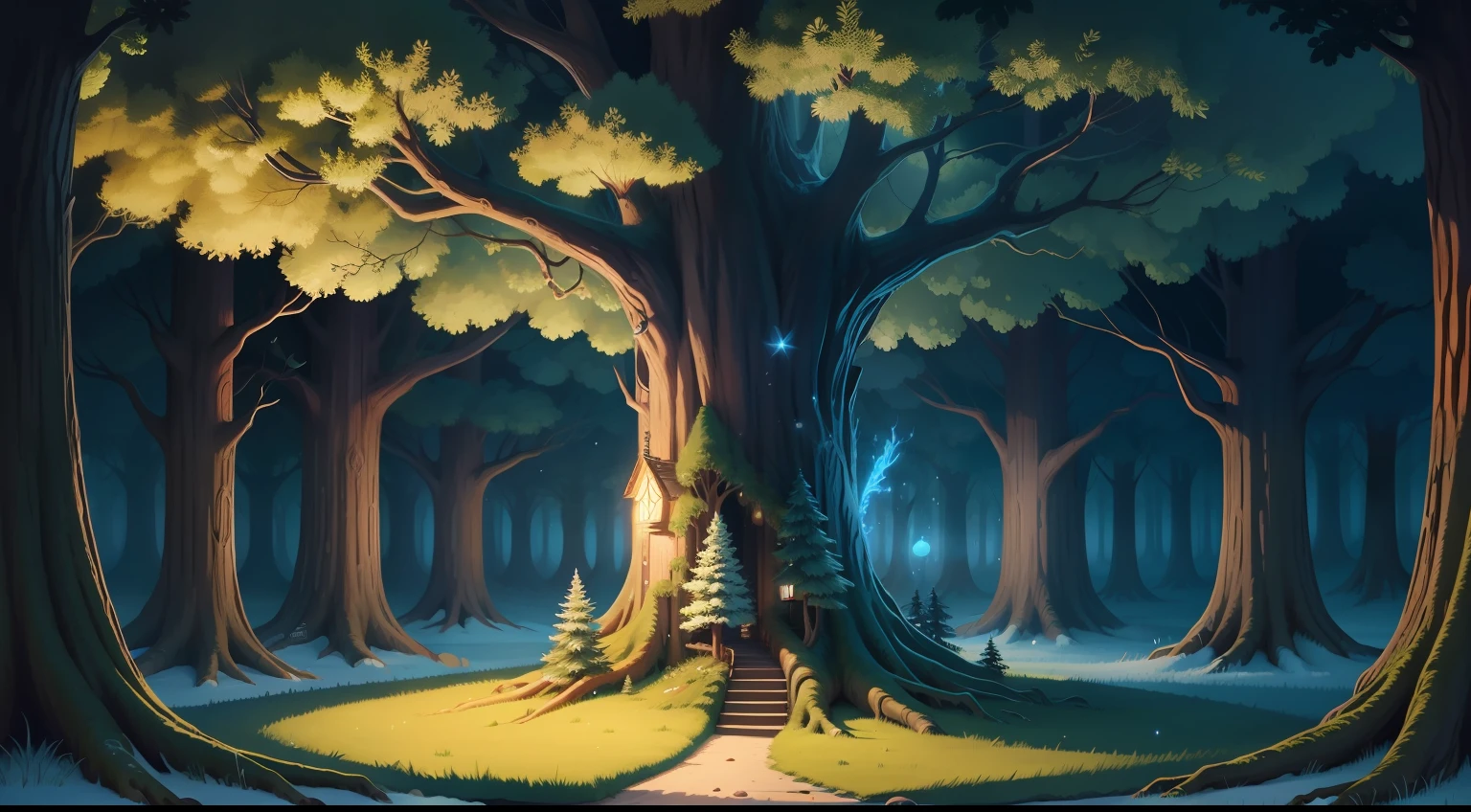 Enchanted forest illustration with majestic tree granting wishes surrounded by other magical trees