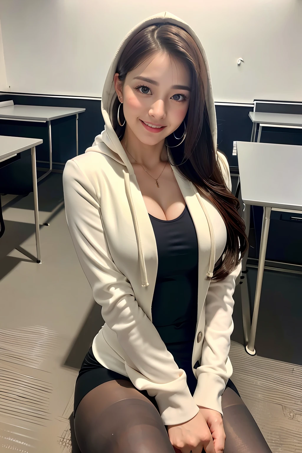 (high-ponytail Hairstyle, wavy hair, dark brown hair), (While wearing a white Business suits:1.3), (black tights:1.3), (wear a light-weight hood:1.3), (innocent and classy girl), medium large breasts, (Sitting and crossing legs on the desk:1.3), (in the school classroom:1.2), (embarrassed smile:1.2), ((Full body Shot:1.2)), (Selfie pose on Instagram:1.2), (top quality, 8K, masterpiece: 1.3), RAW photo, realistic, photorealistic, waist constriction, beautiful legs, accurate, anatomically correct, Very Detailed Face and Skin Texture, Detailed Eyes, Double Eyelids, natural Cheeks, wet eyes, shiny little neckless and earrings, Glossy Lips:1.4, waist constriction, beautiful legs,