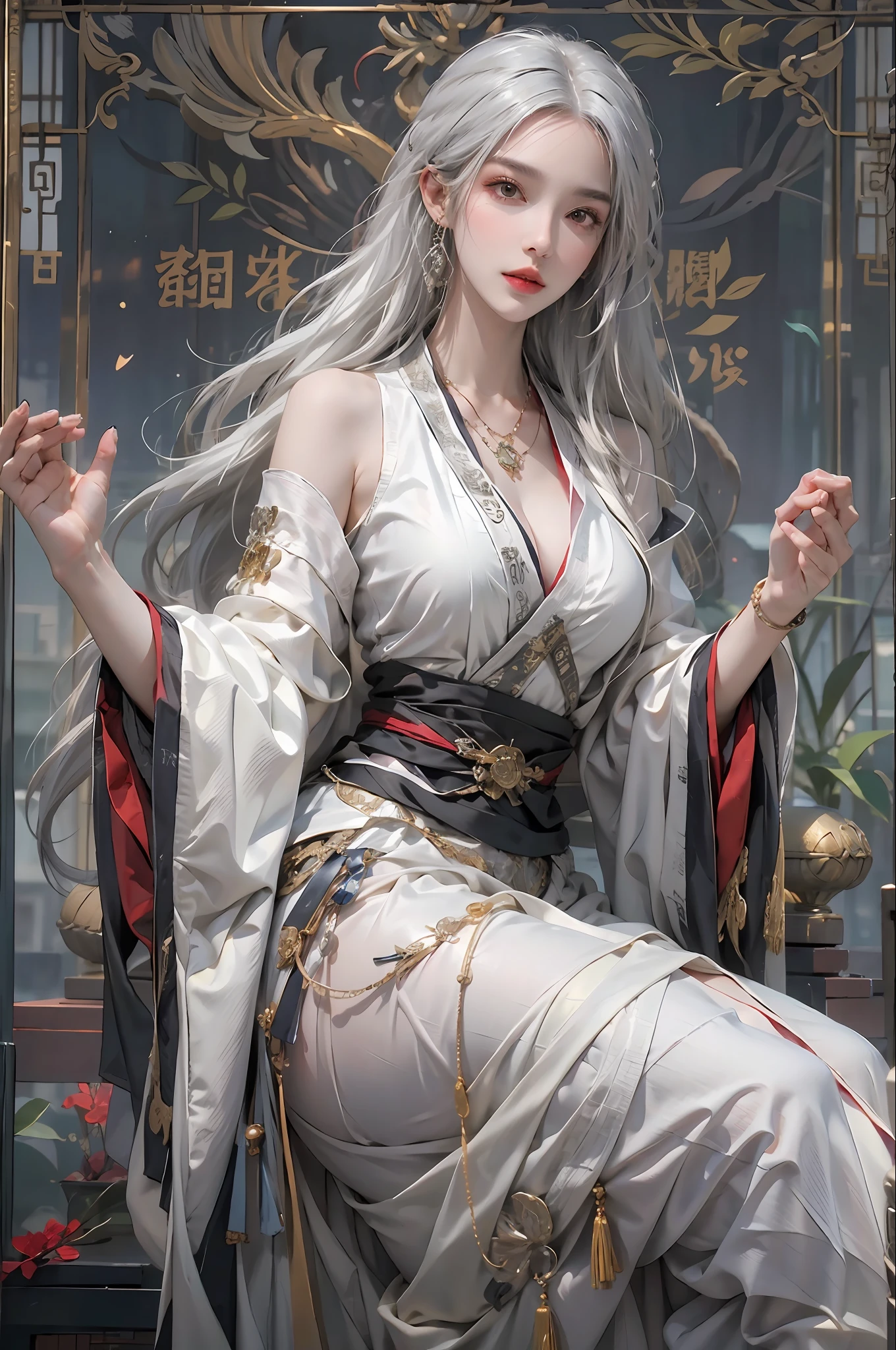 photorealistic, high resolution, 1women, solo, hips up, look at viewer, (detailed face), white hair, long hair, Taoist robe,oversized clothes, jewelry