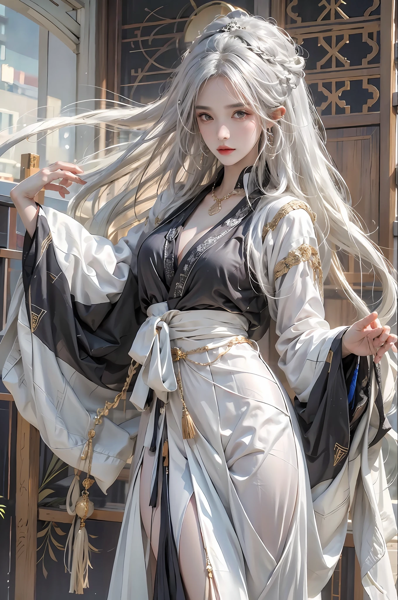 photorealistic, high resolution, 1women, solo, hips up, look at viewer, (detailed face), white hair, long hair, Taoist robe,oversized clothes, jewelry
