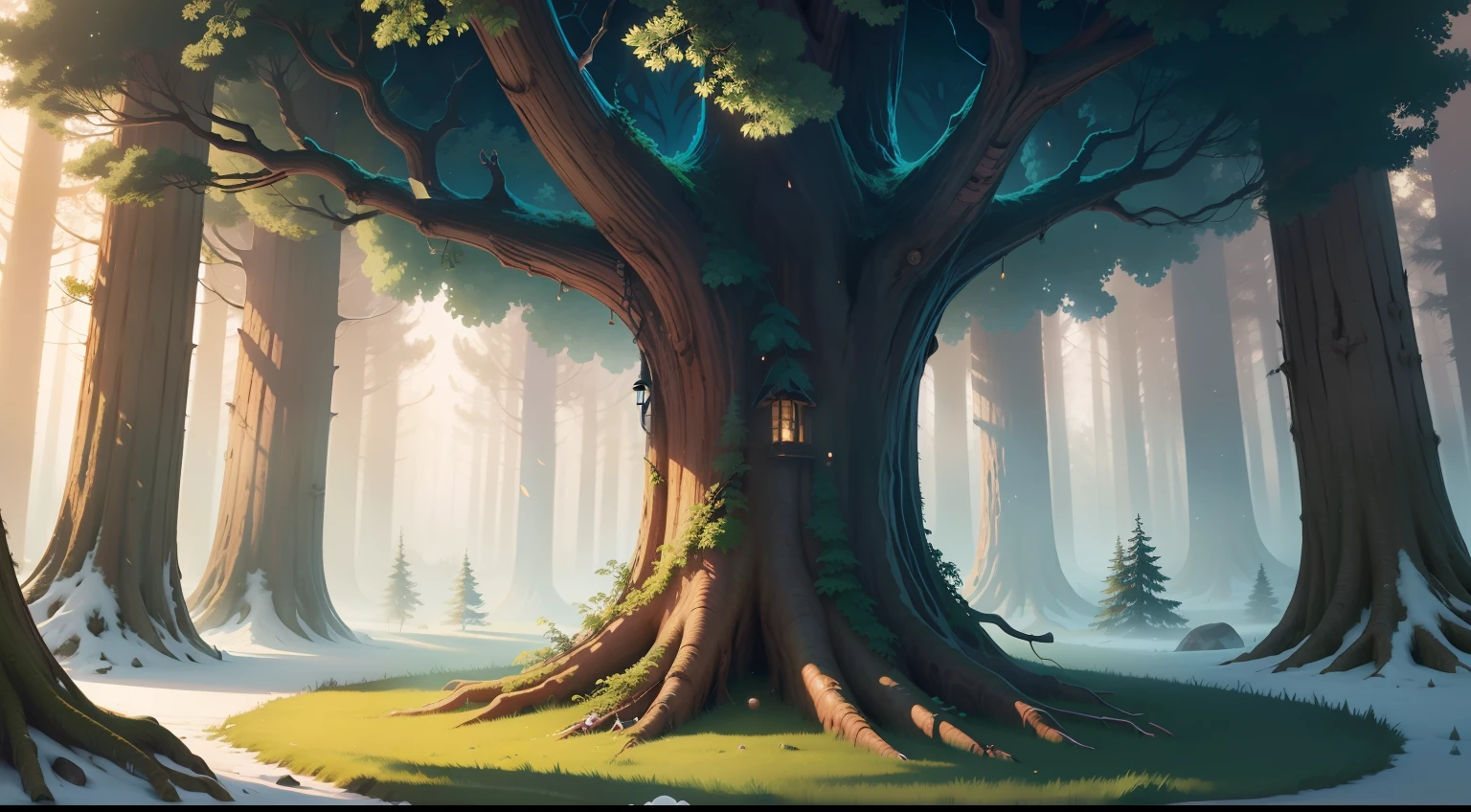 Enchanted forest illustration with majestic tree granting wishes surrounded by other magical trees