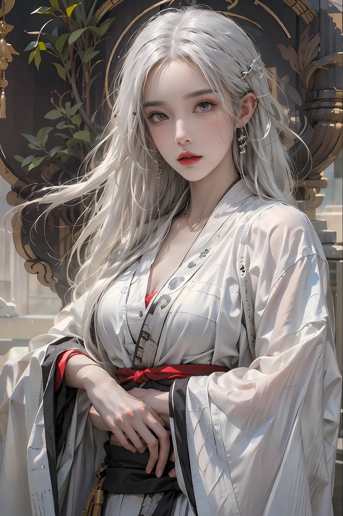 photorealistic, high resolution, 1women, solo, hips up, look at viewer, (detailed face), white hair, long hair, Taoist robe,oversized clothes, jewelry