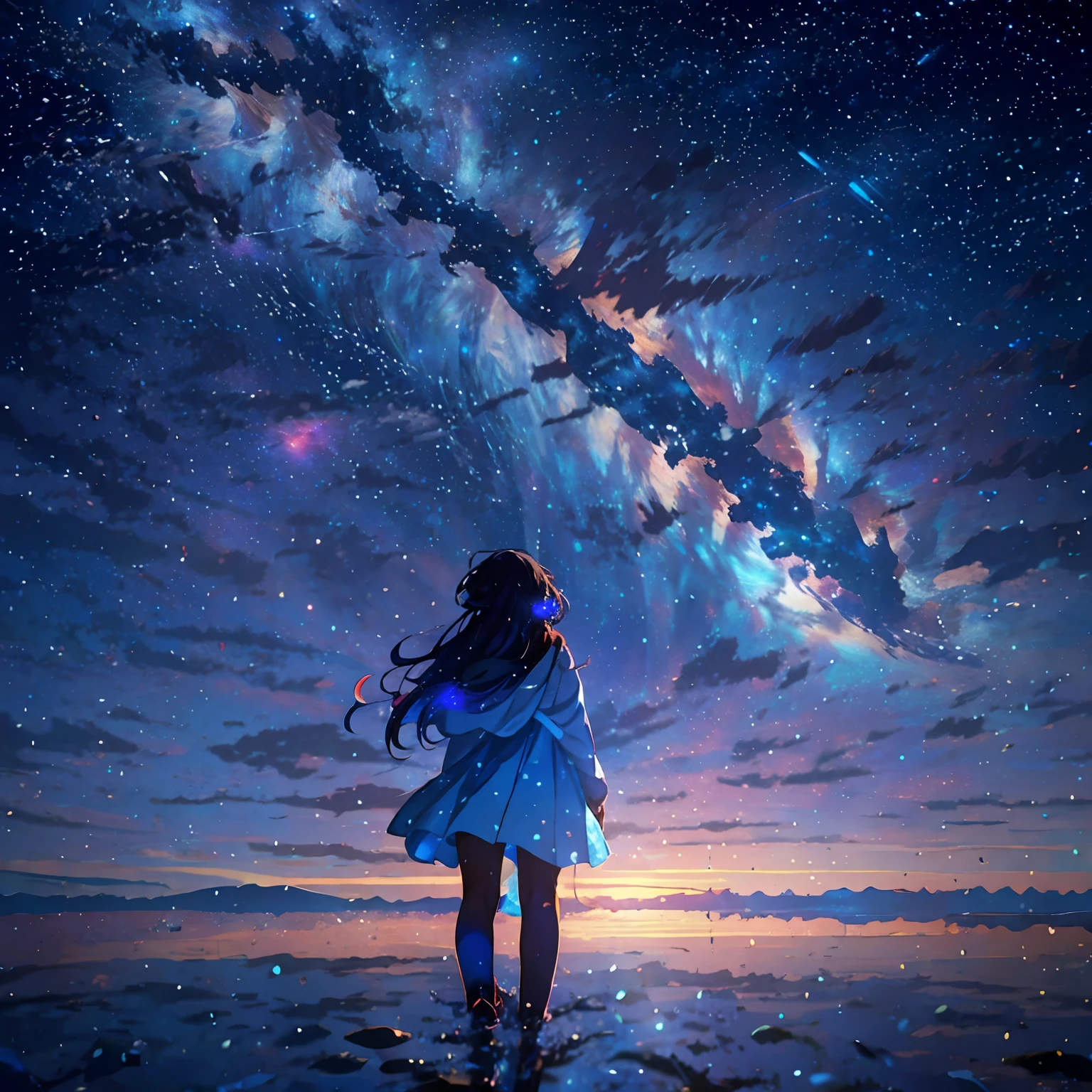 Starry sky with a girl standing on a beach looking at the stars, girl looks at the space, Anime Girl with Cosmic Hair, cosmos sem fim no fundo, girl in space, bonita no horizonte, Makoto Shinkai Cirilo Rolando, Anime Art Wallpaper 4K, Anime Art Wallpaper 4K, Anime Art Wallpaper 8K, Olhando para o cosmos