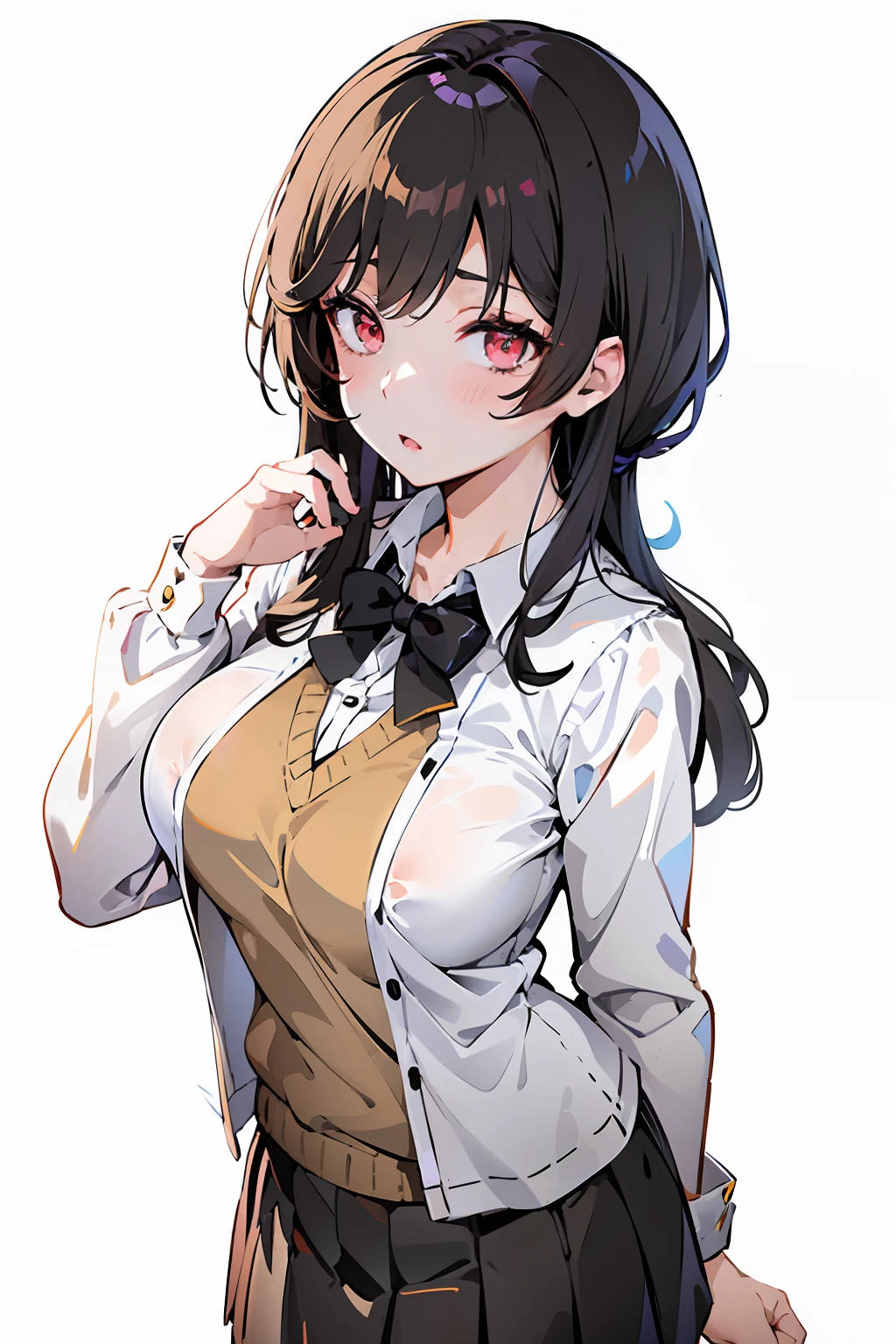 Anime girl with long black hair and white shirt and brown skirt, anime moe art style, charming anime girls, Seductive Anime Girl, beautiful anime high school girl, marin kitagawa fanart, Anime Best Girl, Anime visuals of cute girls, a female anime character, (Anime Girl), Smooth Anime CG Art, an anime girl, young anime girl, pretty anime girl