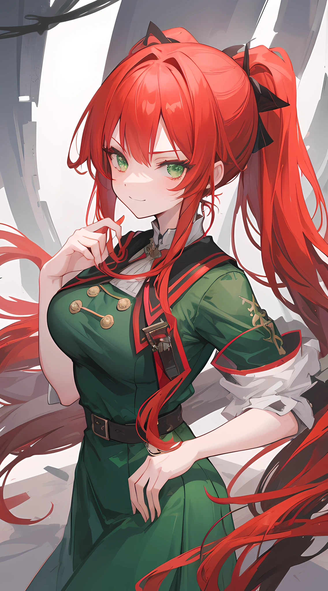 1mature girl, red long flowing hair ponytails, green eyes, emitting fire from her hands, wearing a witch girl uniform and medium boobs. {{Evil smirk or smile}}