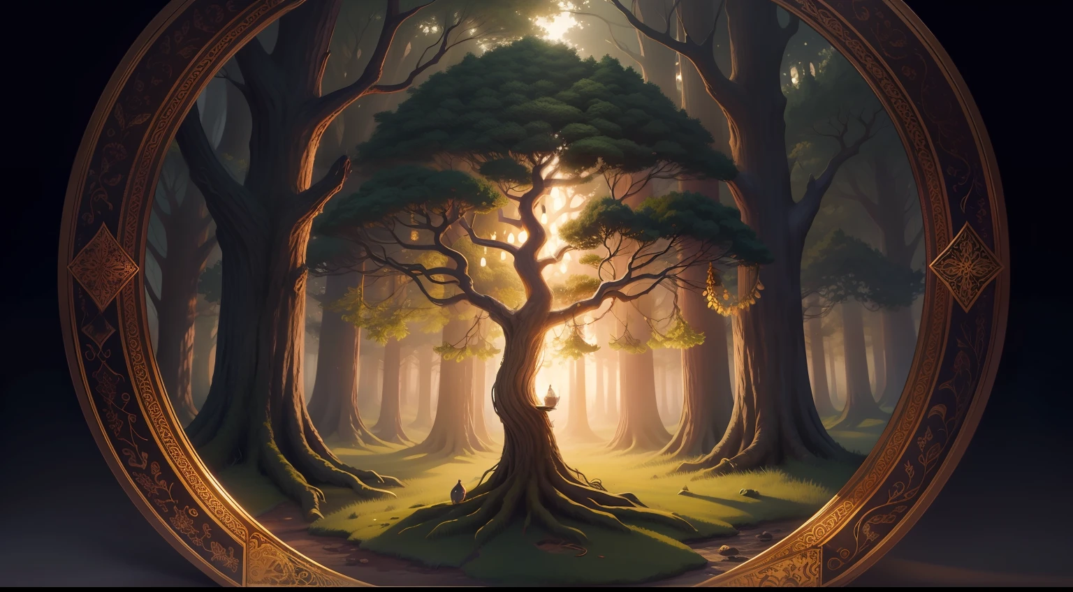 Enchanted forest illustration with centered majestic tree granting wishes surrounded by other magical trees