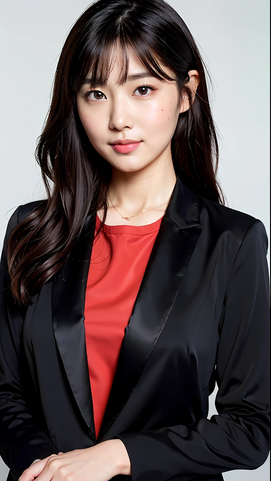 (Best quality, 8k, 32k, Masterpiece, UHD:1.2),Photo of Pretty Japanese woman,(detailed face:1.1), simple black suit, looking at viewer,upper body,necklace,medium breasts,dress shirt,smile,skirt