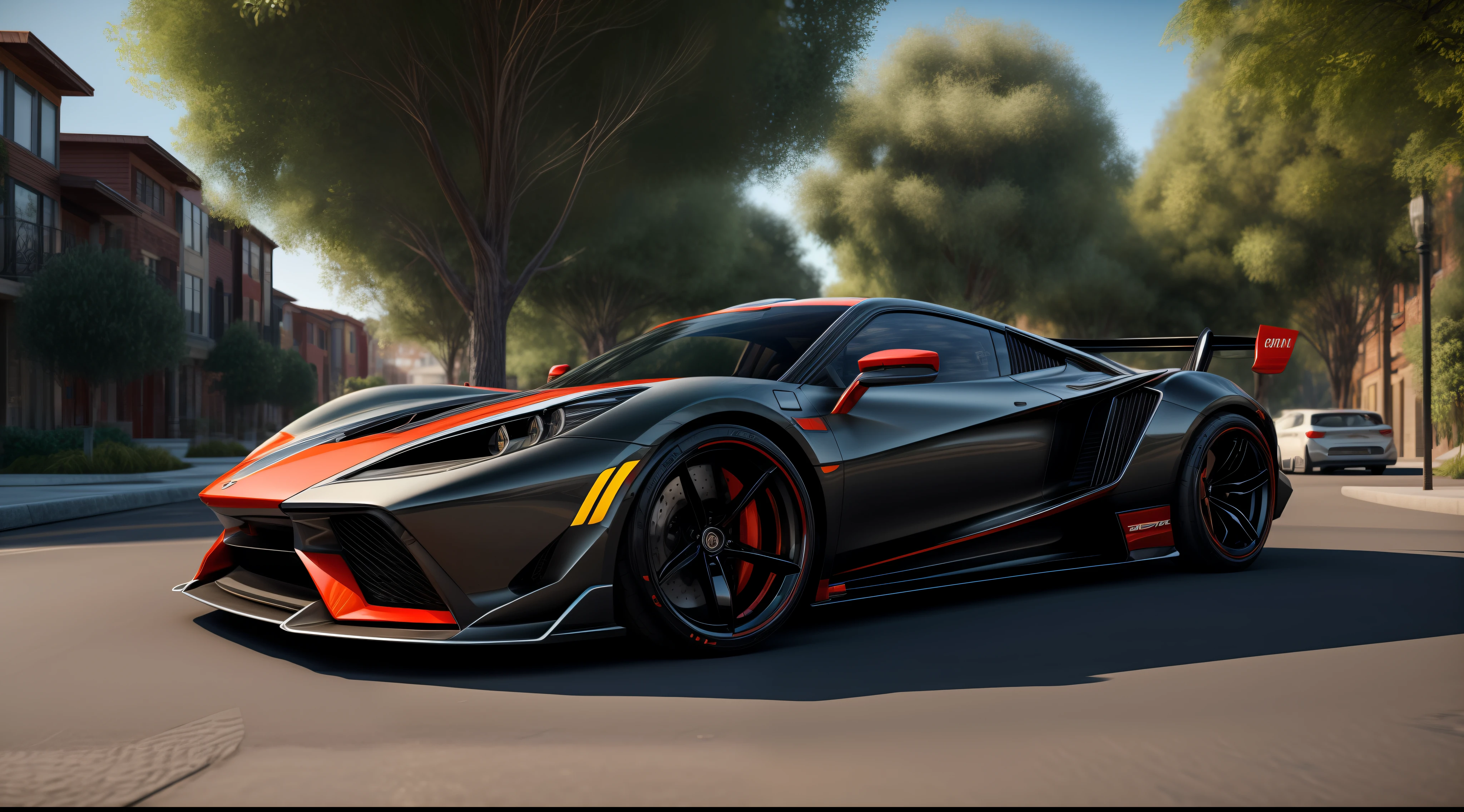 Concept (if hell was a car) 3000HP 400Mhp Top speed hypercar, lowered suspension, aerodynamic, stanced, low profile tires, Toyo tires, parked on an empty residencial street with beautiful trees along the side walk infront of brick style townhomes, 3/4 angle portrait, low angle, 50mm 1.4, shallow depth of field, cinematic light, soft light, backlit, micro-details, photorealism, photorealistic, extremely detailed asphalt