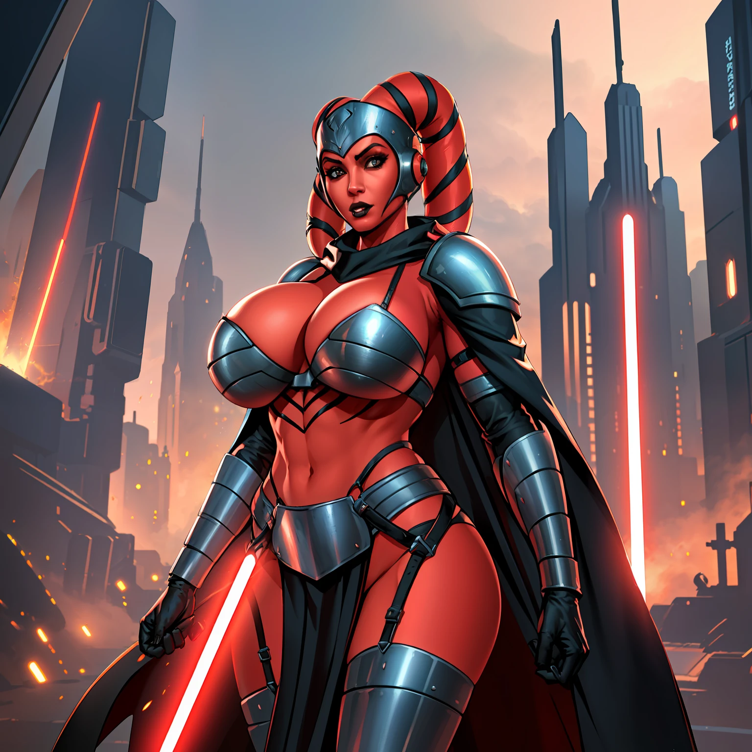masterpiece, armor, busty, gigantic boobs, ((red skin), twi'lek), dual red lightsabers, evil space knight, space ninja, (wearing black robes, black stealth armor, breastplate, tunic, tabard, cowl, cloak, body glove, straps, buckles, skirts, long sleeves, fantasy, ((armor))), ((busty), slender body, thin, slim sexy body, slim waist, ((gigantic breasts))), Imperial starship, Star Wars, action scene
