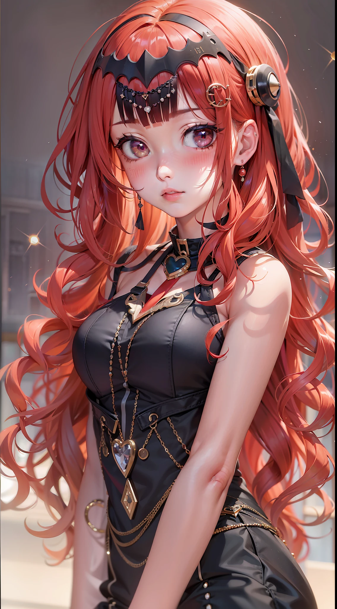 Red hair, ahoge, Curly hair, hair on one eye, bead necklace, black hair band, Moles under eyes, Heart-shaped pupils, Blush, disdain, Anime, Social realism, Cinematic lighting, Sparkle, hyper HD, Masterpiece, ccurate, Anatomically correct, Textured skin, Super detail, High details, High quality, Best quality, A high resolution, 8K