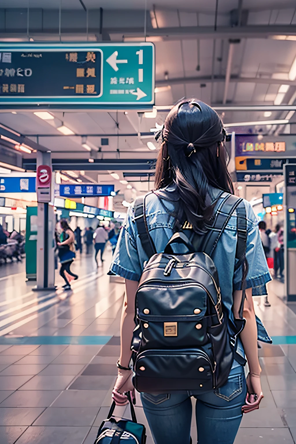 A woman Evening Shanghai Bus Station 97 waiting Office worker Backpack Lina Bell Black medium long hair iPhone bento bag Short sleeve shirt Jeans Blue hair tie rope