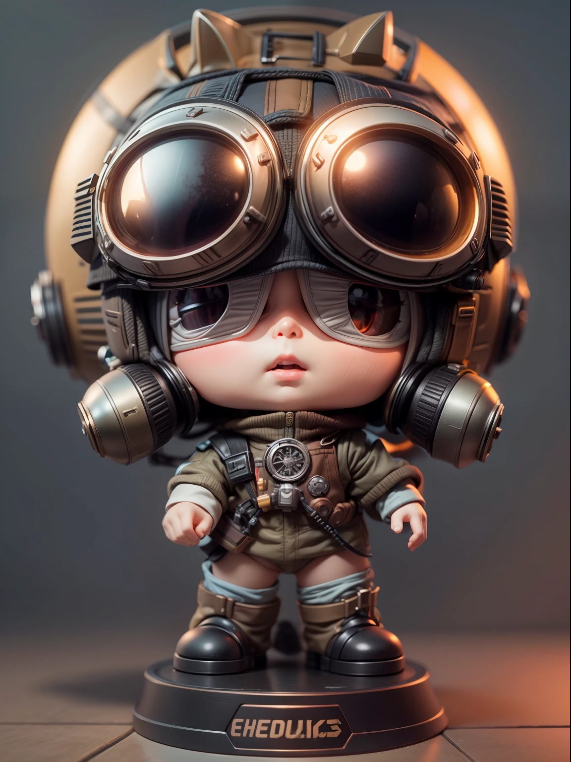 "(Blind box toy style:1.2)(full body),1 metal cute fighter pilot,Exquisite helmet,Flight goggles:1.3,Flight uniform:1.2,steampunc, dreamy glow,Clean,background inside dark,Matte style,(circular base:1.4),(Global illumination,Ray tracing, hdr, unreal render,reasonable design,High detail,Masterpiece,Best quality,hyper HD,Cinematic lighting)"