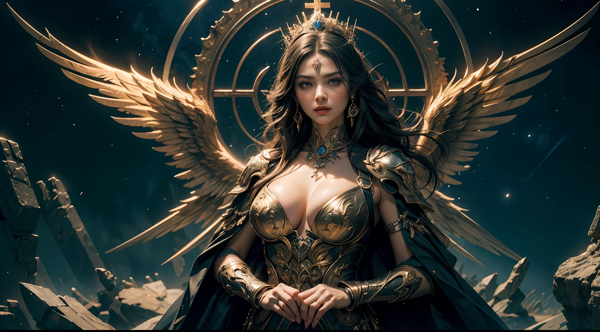 goddes,serious, Large breasts,Looks stern and ruthless, starrysky,wings,mito, solemn atmosphere, Description of the Ultrra precise pointer, Photorealistic, Super detail, Masterpiece, Best quality, A high resolution, 8K,chies,Huge cross,mystic symbols