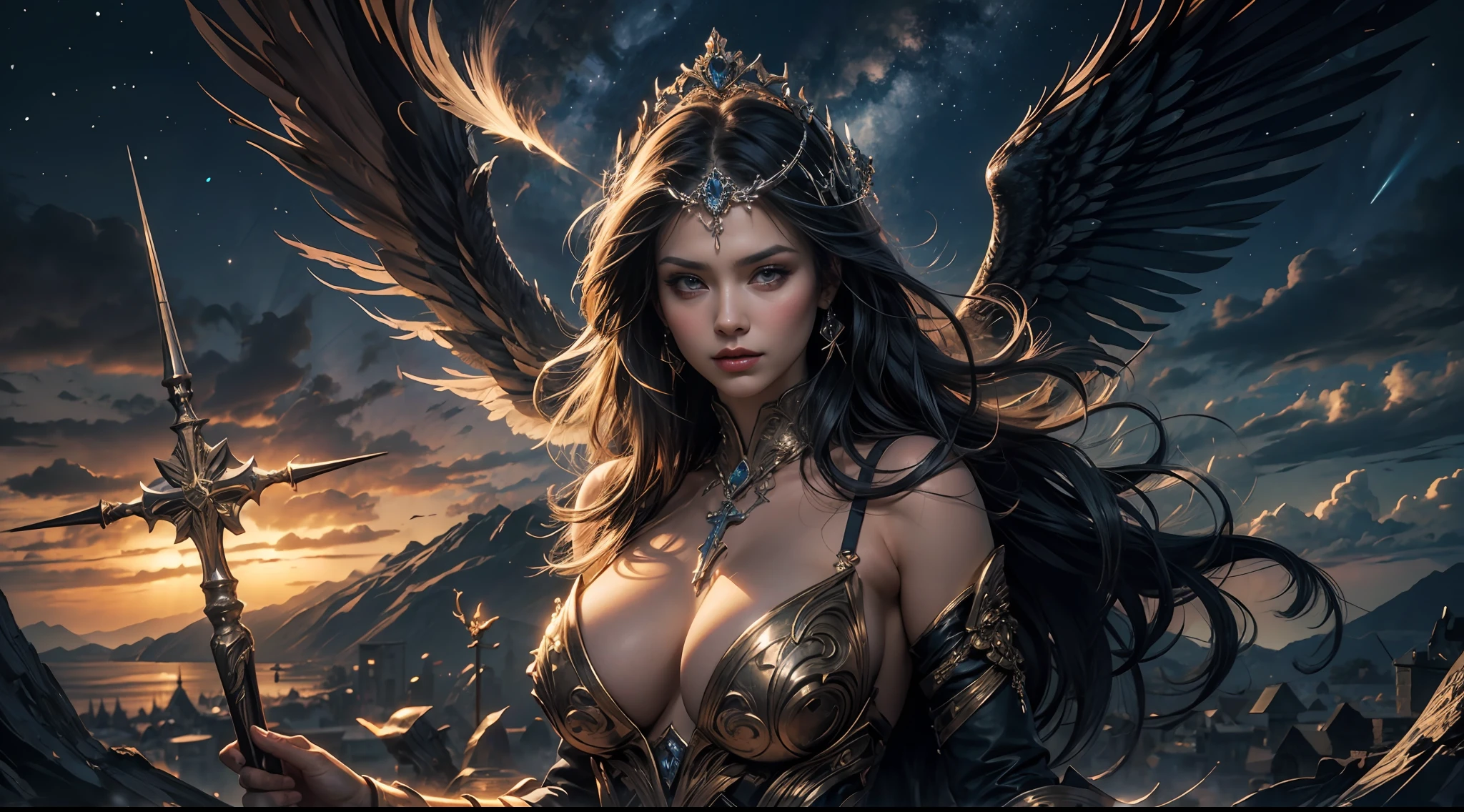goddes,serious, Large breasts,Looks stern and ruthless, starrysky,wings,mito, solemn atmosphere, Description of the Ultrra precise pointer, Photorealistic, Super detail, Masterpiece, Best quality, A high resolution, 8K,chies,Huge cross,mystic symbols