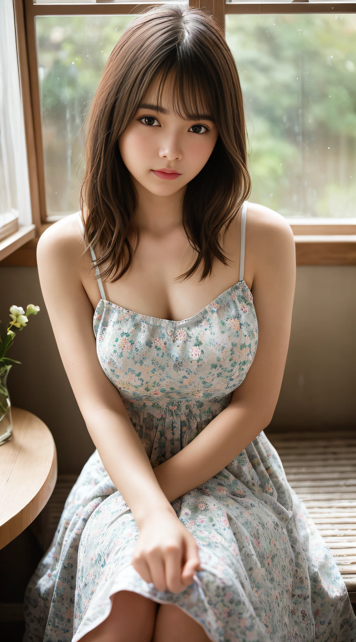 Stunning close-up portrait of a young and beautiful woman with RAW, analog style and impressive features. Full body like, She should have long, Flowing hair, alluring gaze, and an attractive look. The background is neutral and simple, allowing the woman to be the focal point of the image. The attention to detail, such as highlights and shadows on her face and hair, to create realistic and realistic images. Try different lighting techniques,Enhance the mood and atmosphere of the portrait. The final product should be a masterpiece that captures the essence and beauty of women ((Highly detailed skin, skin detailed)), Sharp focus, volume fog, 8K, hyper HD, Digital SLR, High quality, filmgrain, Fujifilm XT3, String Camisole Dress, Hemp Dress, Floral dress, Short-Term Hair, Disheveled hair, Antique Cafe Chair, lite smile, Rain outside the window, crowd, Night, Evening, warm colored light, Dark light, smeared light, heavy rain, water, Bach, window glass gets wet with rain