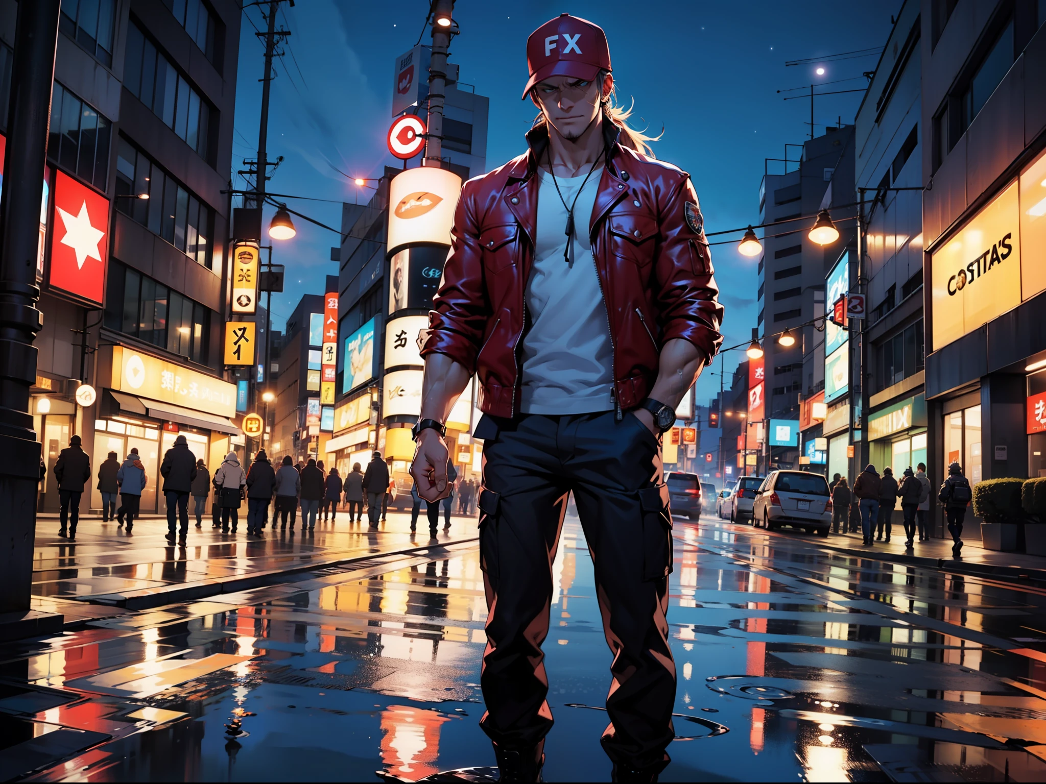 Terry Bogard de Garou Mark of The Wolfes, vestindo uma jaqueta com uma estampa de uma estrela branca nas costas, em um beco da cidade de Shibuya, in the nighttime, chovendo, bem iluminado, reflective water, efeitos de reflexo, RTX, 4k