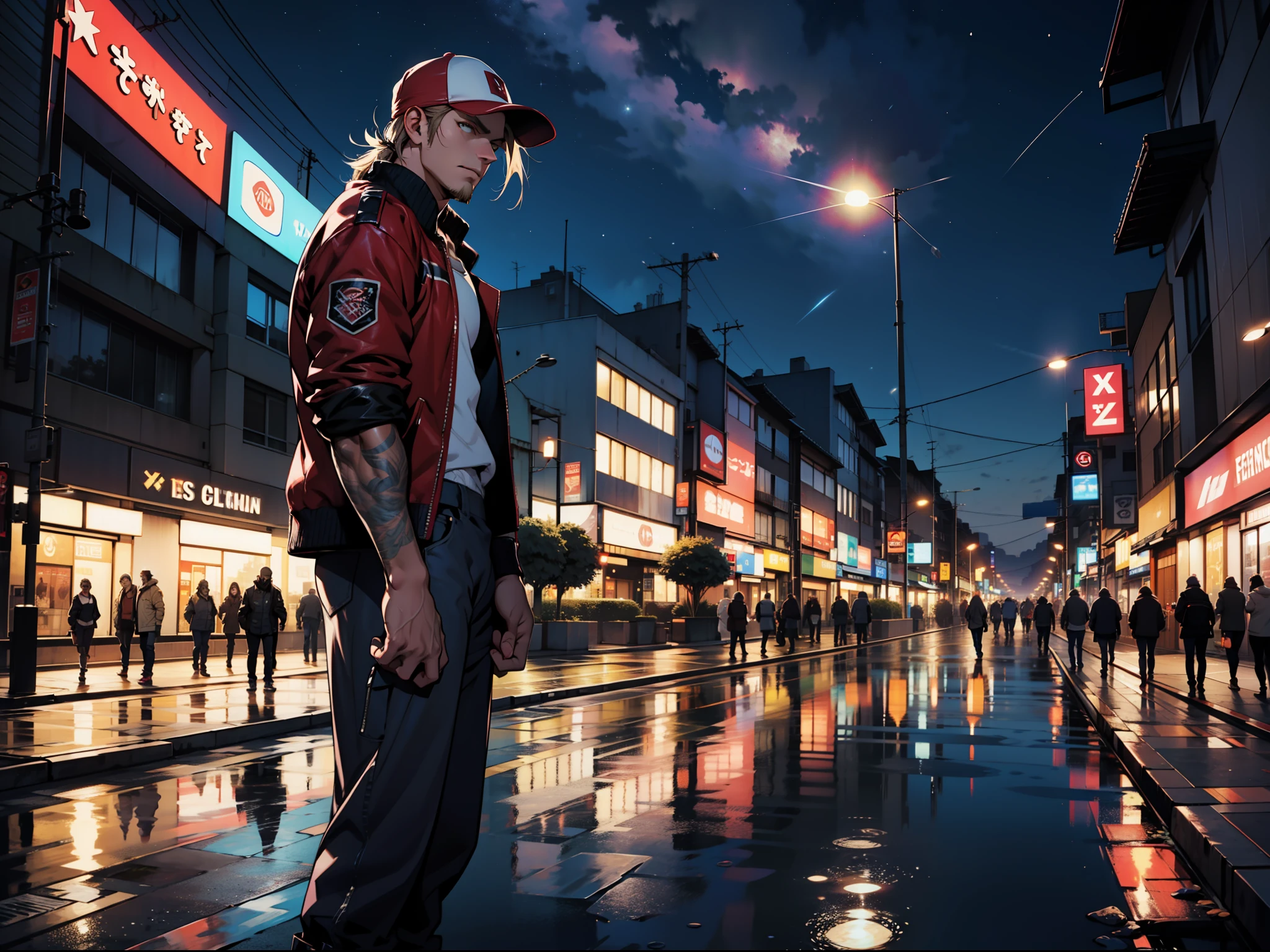 Terry Bogard de Garou Mark of The Wolfes, vestindo uma jaqueta com uma estampa de uma estrela branca nas costas, em um beco da cidade de Shibuya, in the nighttime, chovendo, bem iluminado, reflective water, efeitos de reflexo, RTX, 4k