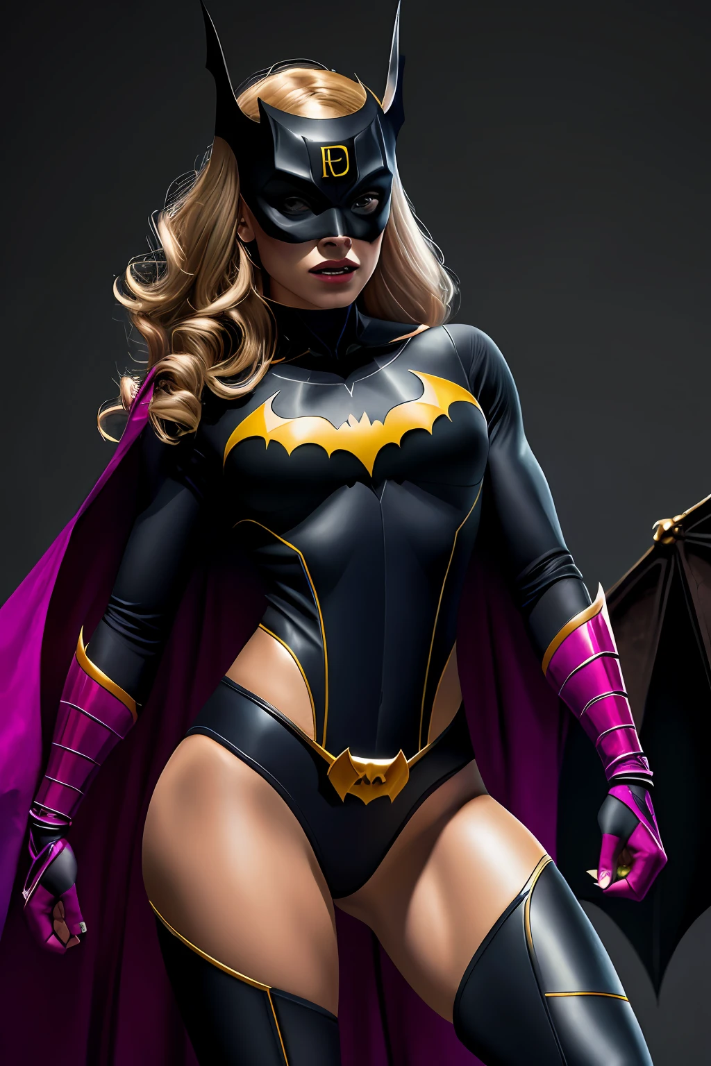 (16k, foto RAW, melhor qualidade, obra-prima: 1.2), ultra-detalhado, arte formal, foto realismo: 1.37, foto do corpo inteiro, (mulher, beleza ,( A Bat  Girl Marvel Dc)film grain, villain action pose ((A Bat Girl))detalhes