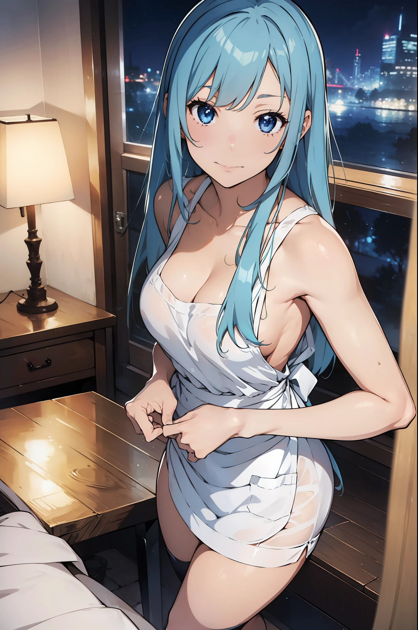 masterpiece, best qualiy, extremely detailed, 1girl,digital art, embarassed, (miwakasumi),naked, (apron),sensual, no_clothes, BREAK standing, blunt_bangs, light_blue_hair, long hair, puffy, night, sensual, lewd, lascive, defined curves, BREAK living room, cozy, night, modern, perfect face, expressive eyes, exposed skin