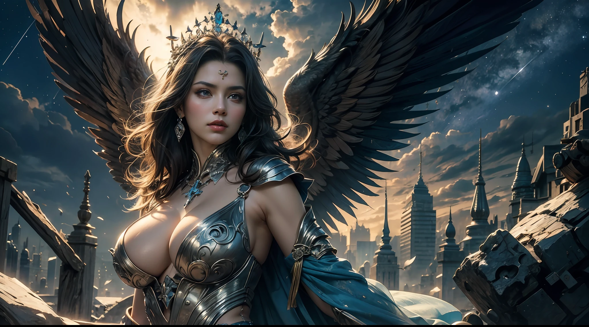 goddes,serious, Large breasts,Looks stern and ruthless, starrysky,wings,mito, solemn atmosphere, Description of the Ultrra precise pointer, Photorealistic, Super detail, Masterpiece, Best quality, A high resolution, 8K,chies,Huge cross,mystic symbols