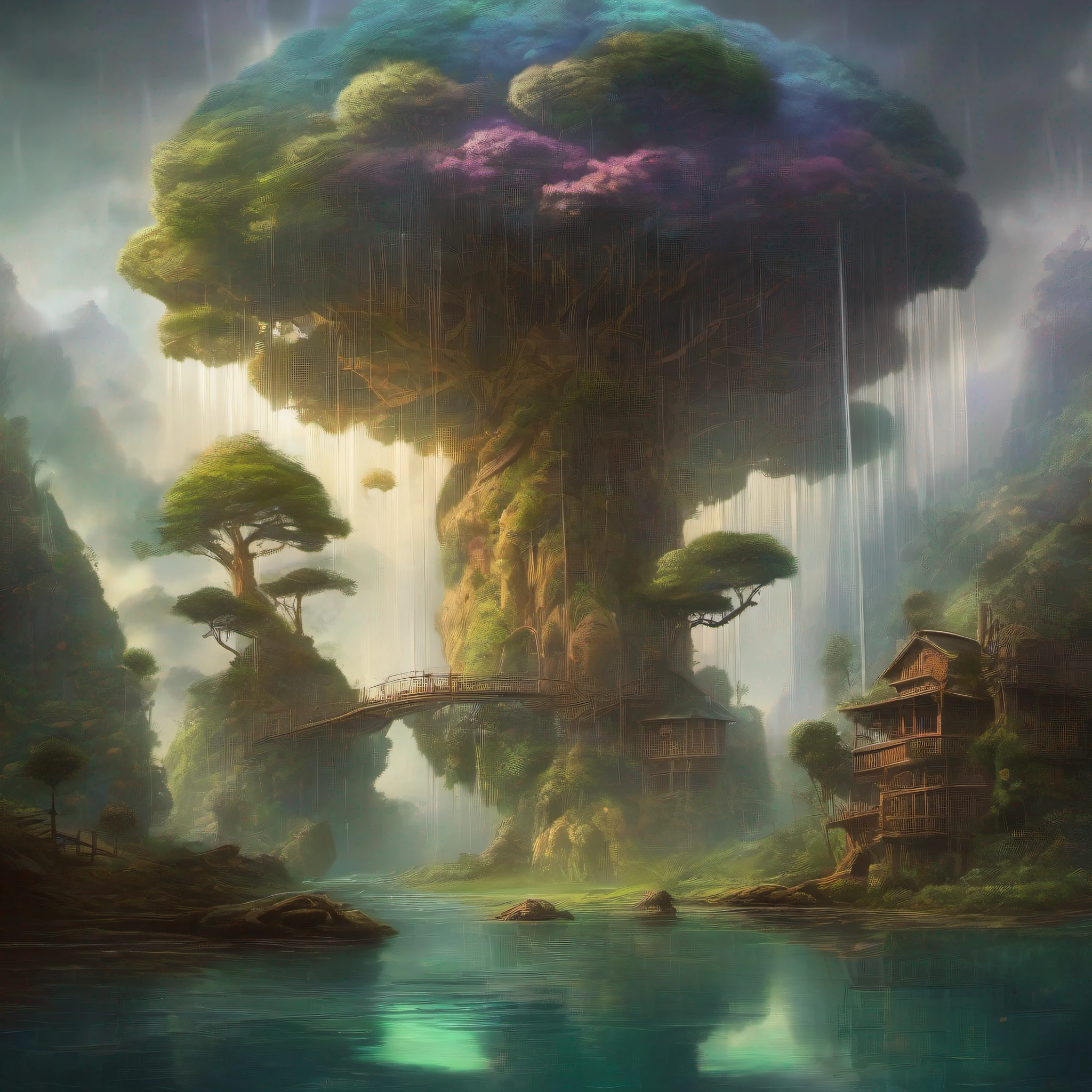 A mystical and epic landscape with rain, Featuring a fantastical and surreal world of floating islands, giant trees, that transport the viewer to a world of imagination and wonder, art-station, Arte Digital, intrincado, trend, cores brilhantes
