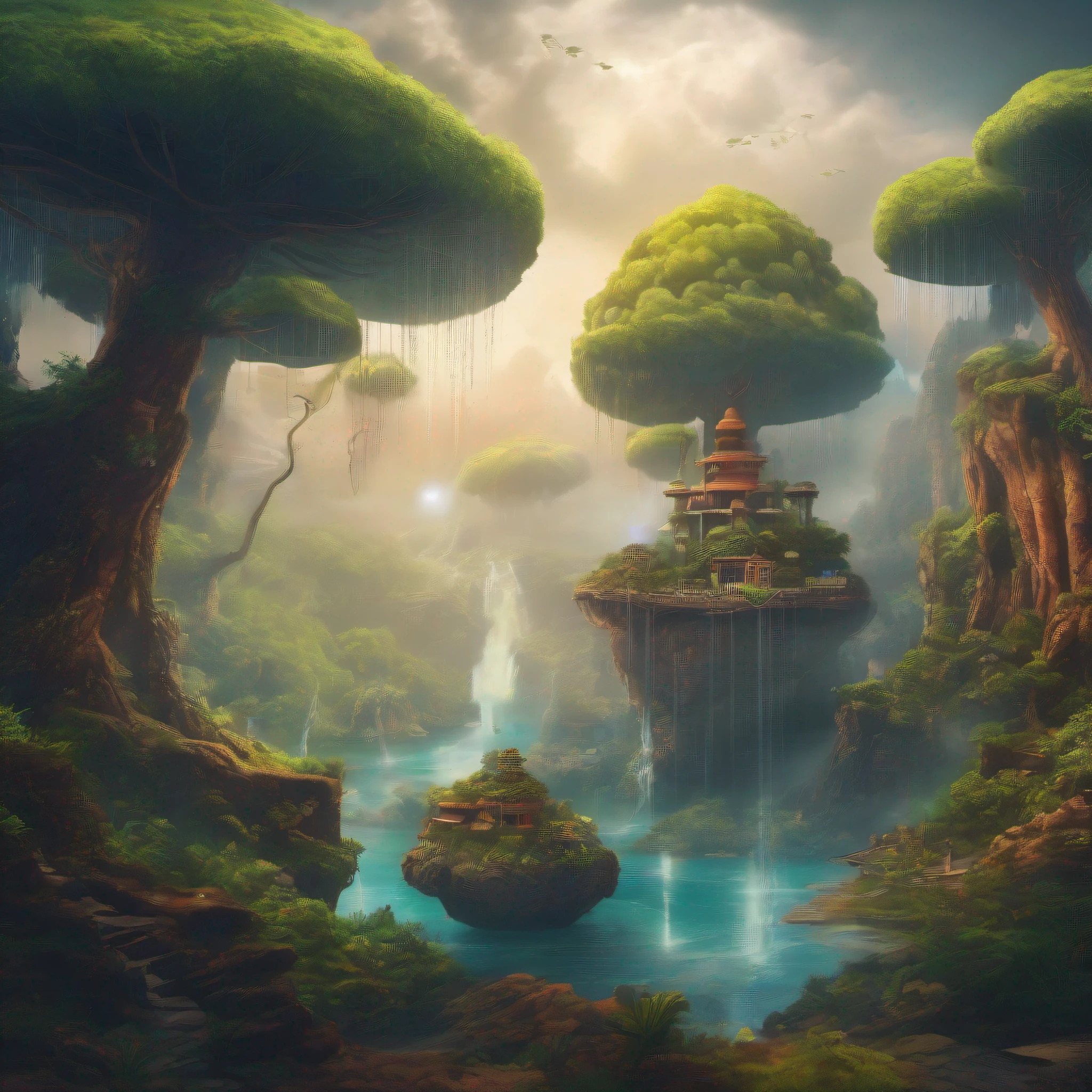 A mystical and epic landscape with rain, Featuring a fantastical and surreal world of floating islands, giant trees, that transport the viewer to a world of imagination and wonder, art-station, Arte Digital, intrincado, trend, cores brilhantes
