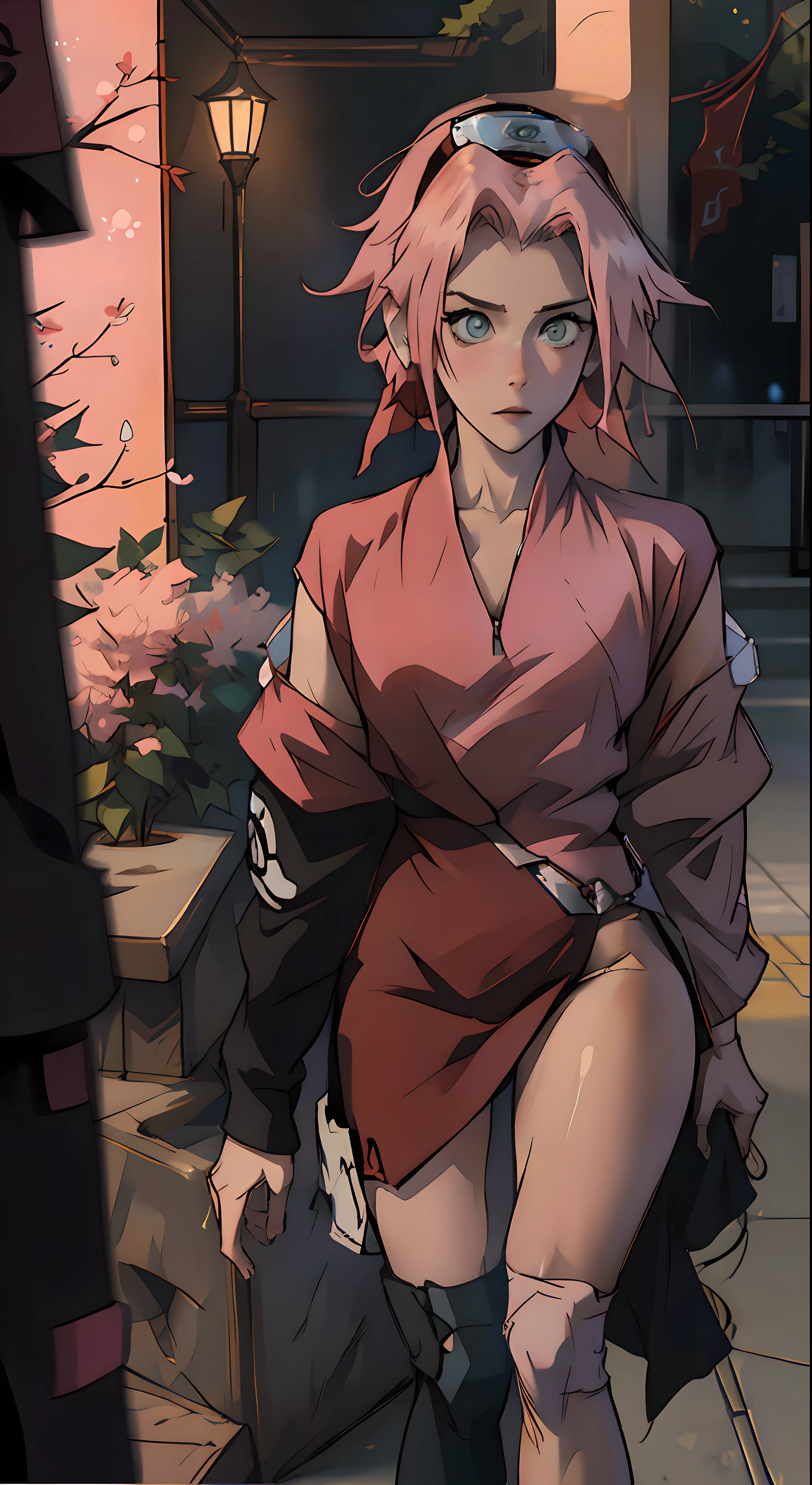 Sakura haruno, anime de naruto, en micro bikini, toma trasera, sentada en asiento sin respaldar, gran culo, redondo, aceitado, humid,  piernas gruesas, cabello largo,  suelto, rosado, cinematography lighting,  la mejor calidad,  8k hdr, de noche, lluvia --auto