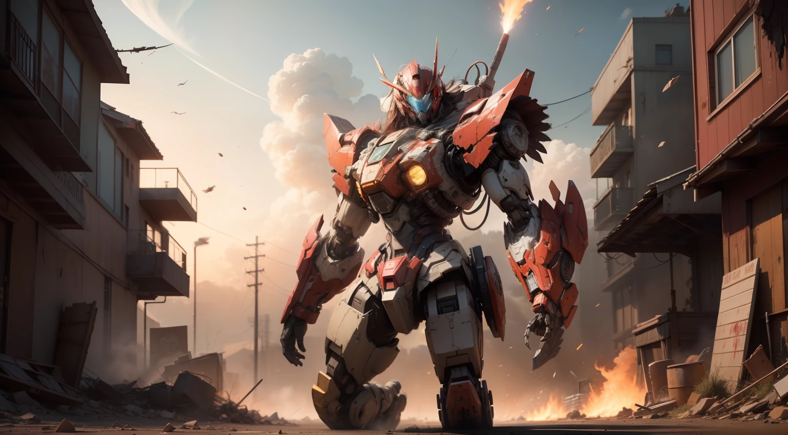 Look up at the perspective，（Digital artwork：1.3）（a sketch：1.1）Octane renders a wasteland，Swirling thick clouds，smog，Flying machines in the sky fierce battle，weed，Dilapidated houses，gravel path，Sunset，dark red color，（（A girl in a combat uniform stood in front of the badly damaged and broken mech）），（（The girl's long messy hair fluttered，Blood，closeup cleavage）），（Stubborn），（Steadfast），（blood stains at the corners of the mouth），（Messy long hair flying），（（（The mech was spattered with blood））），（Mars splashes），（（Broken upper body mech，Dropped mech fragments）），（Exposed wires），（（Mecha is depicted finely）），（（（super-fine））），shot at 8k resolution，petrol liquid，Firelight，Missiles streaked across the sky，weeds，gravel path，blasts，splashart，（（Dynamic speed lines：1.2）），Lithography in intricate details，dongh（Light particles：1.2），（game concept：1.3），（depth of fields:1.3),Global illumination,detail-rich，Trends on ArtStation，Epic shooting，Cinematic lighting