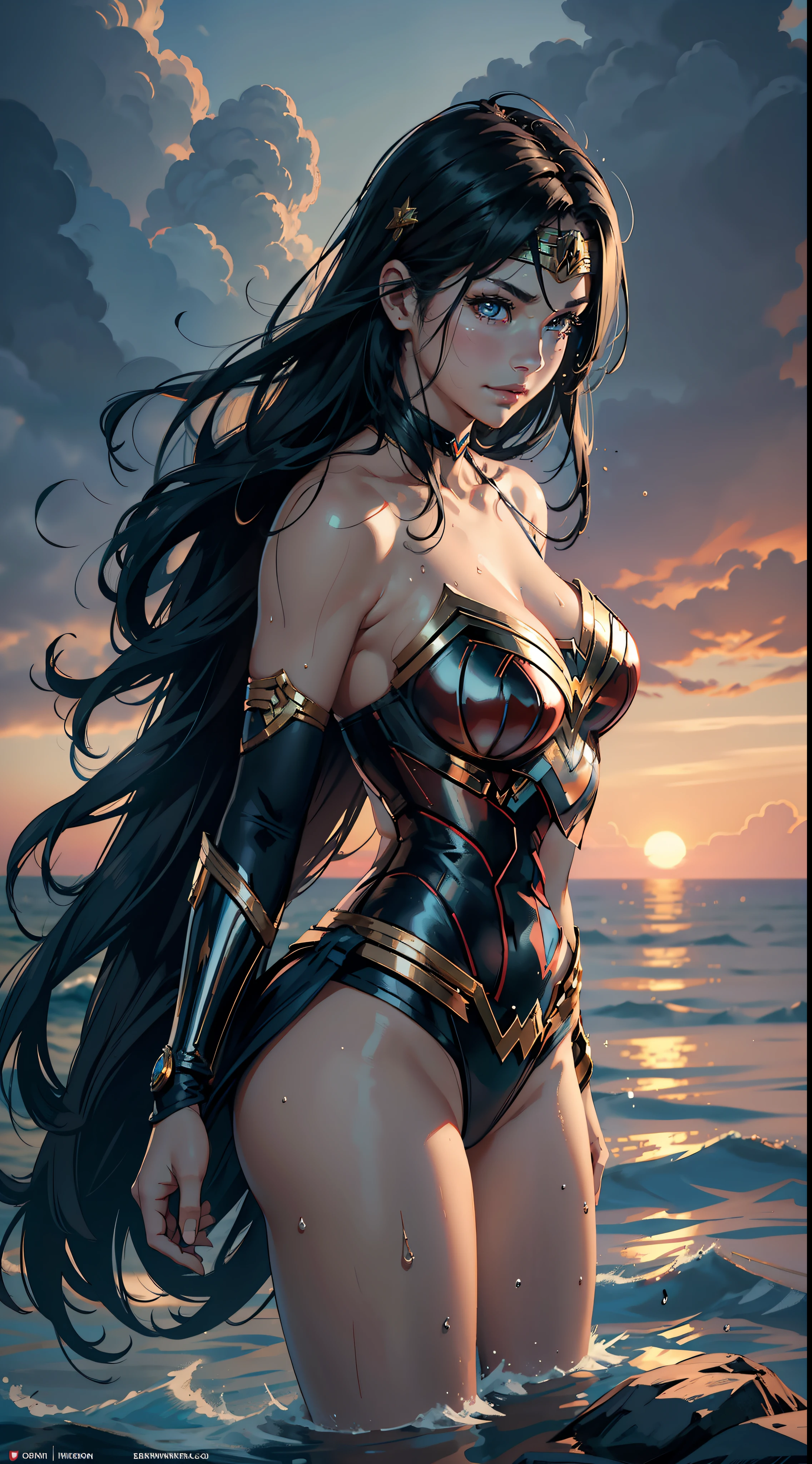 1female,45 yers old,Huge breasts, 独奏, wonder women,Wonder Woman headband, Beautiful legs and buttocks ,Dressed in cyberpunk style,the ocean, She has long flowing black hair, ,Sateen,Bigchest, From the front side, Wet straight hair, Sweating profusely,mostly cloudy sky,(tmasterpiece),(Very detailed CG unity 8K wallpaper),best qualtiy,cinmatic lighting,detailed back ground,beatiful detailed eyes,Bright pupils,(Very fine and beautiful),(Beautiful and detailed eye description),ultra - detailed,facing at camera,A high resolution,ultra - detailed),Very long hair,legs are open,standing on your feet,Emotive expressions,Open-mouthed,Shyness and smiling,Chest sagging,Camel toes,with no underpants,extremely large bosom,Expose the lower body,revealing breasts,Shoulders exposed,Extremely colorful,Most detailed,fully body photo,The face is well lit