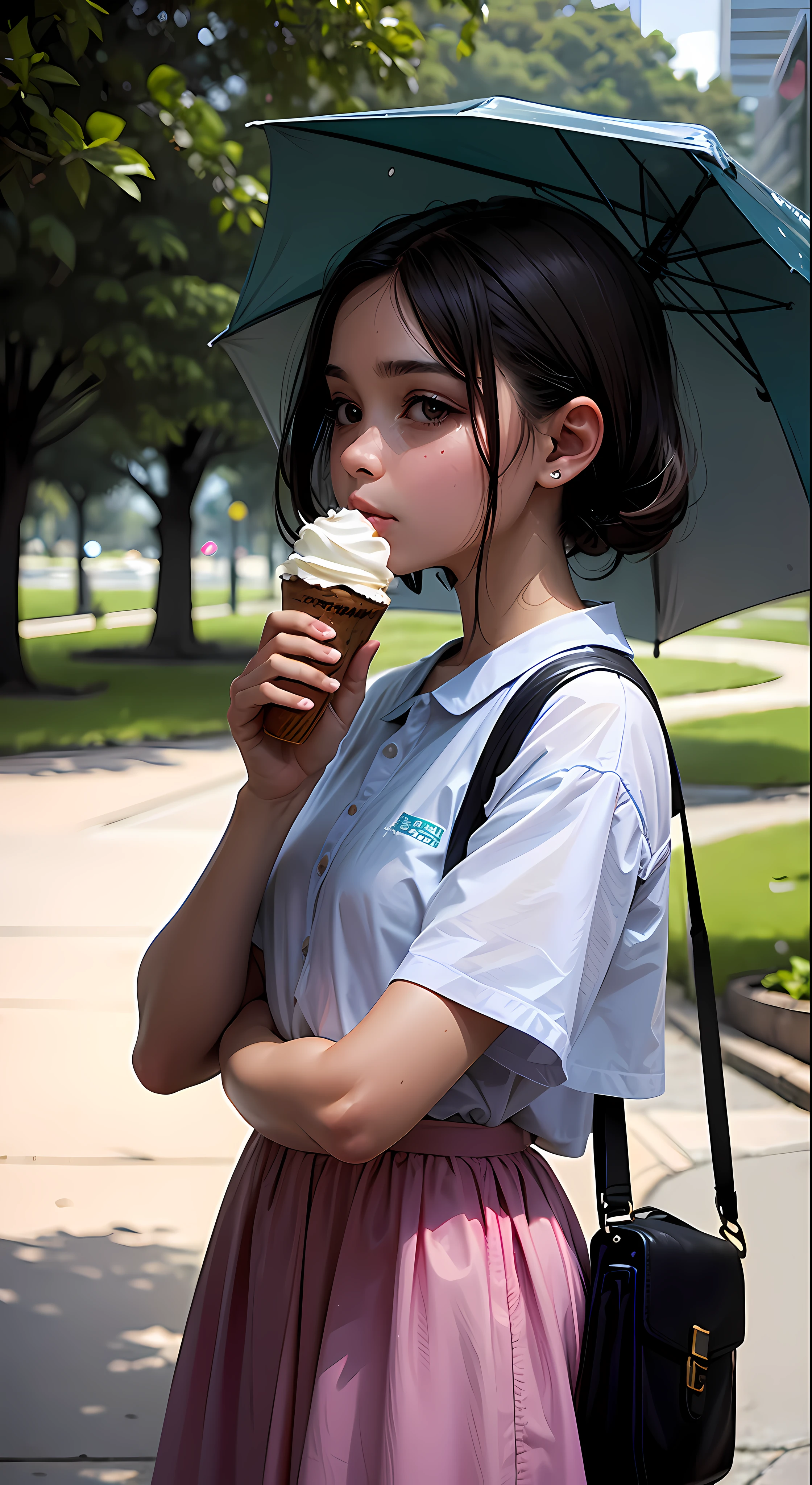 girlish, 12 years, sola, comiendo helado, sentada de frente, en un parque, cuerpo completo, esbelta, hermosa, la mejor calidad, cinematography lighting, bajo la lluvia, very humid wet. --auto